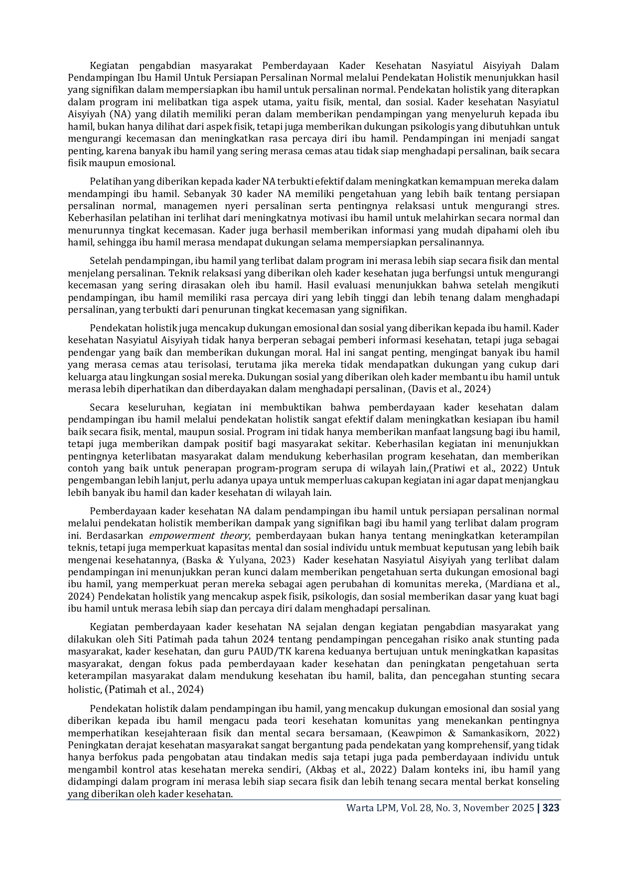 JURIS Empowering Nasyiatul Aisyiyah Health Cadres in Assisting Pregnant Women in Preparation for Normal Delivery through a Holistic Approach