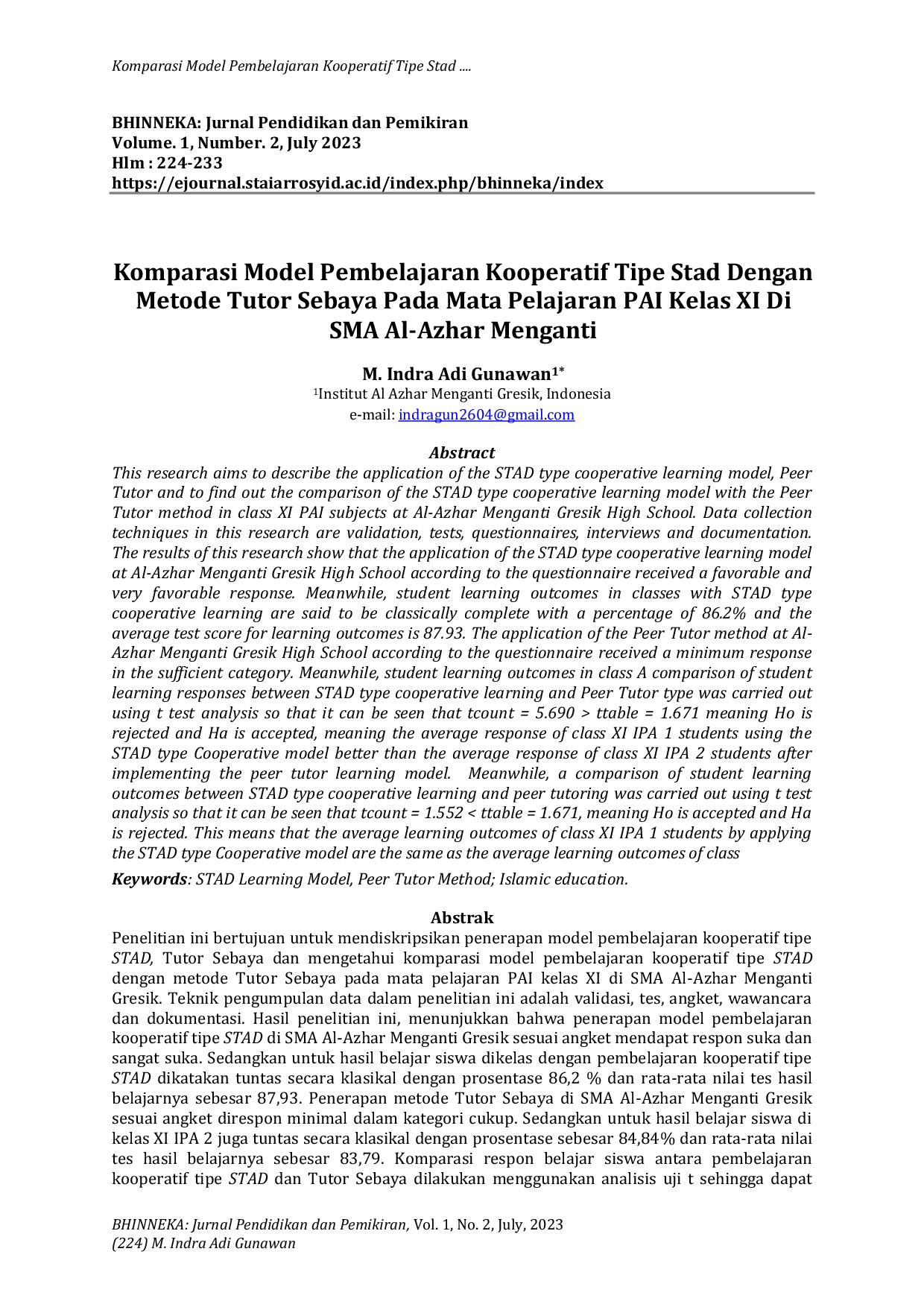 JURIS Komparasi Model Pembelajaran Kooperatif Tipe Stad Dengan Metode Tutor Sebaya Pada Mata Pelajaran PAI Kelas XI Di SMA Al Azhar Menganti