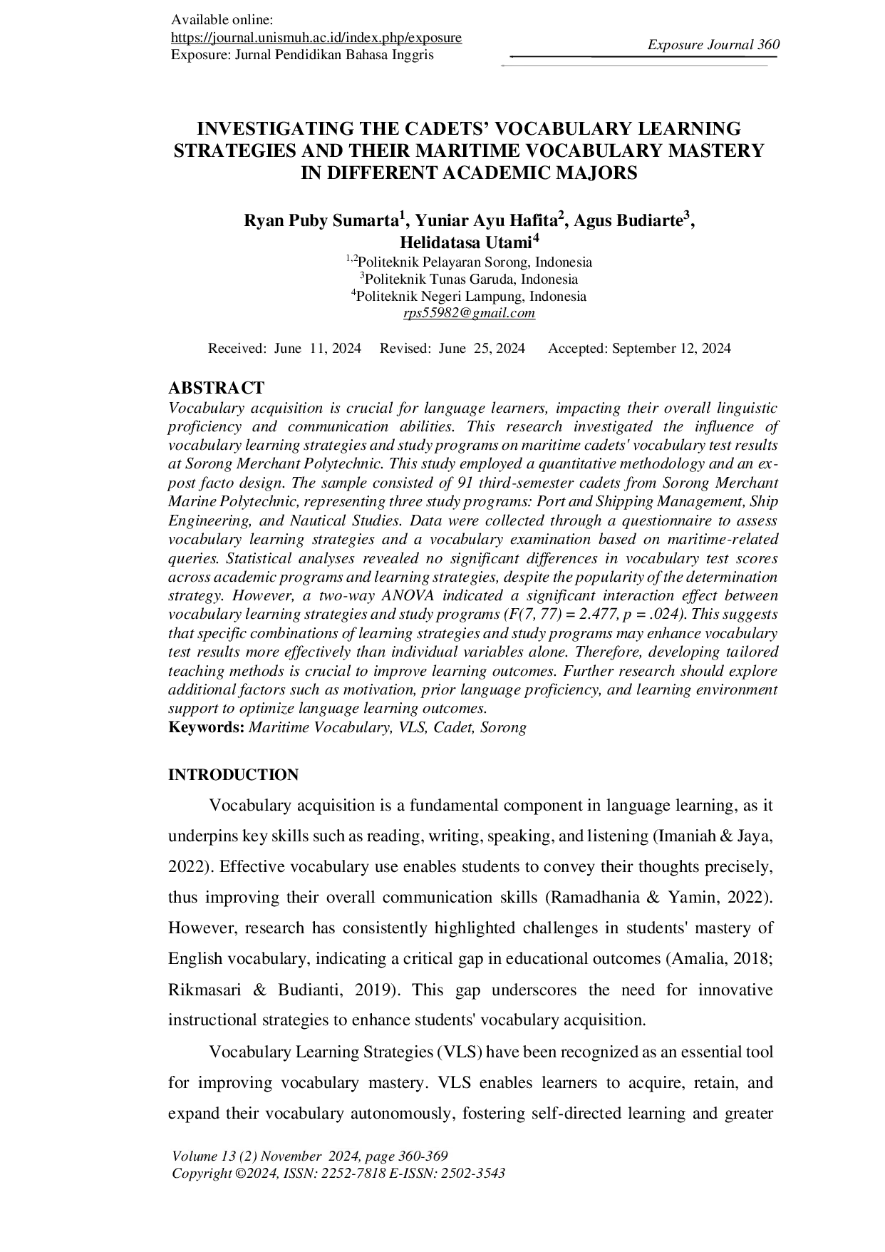 JURIS Investigating the Cadets Vocabulary Learning Strategies and Their Maritime Vocabulary Mastery in Different Academic Majors