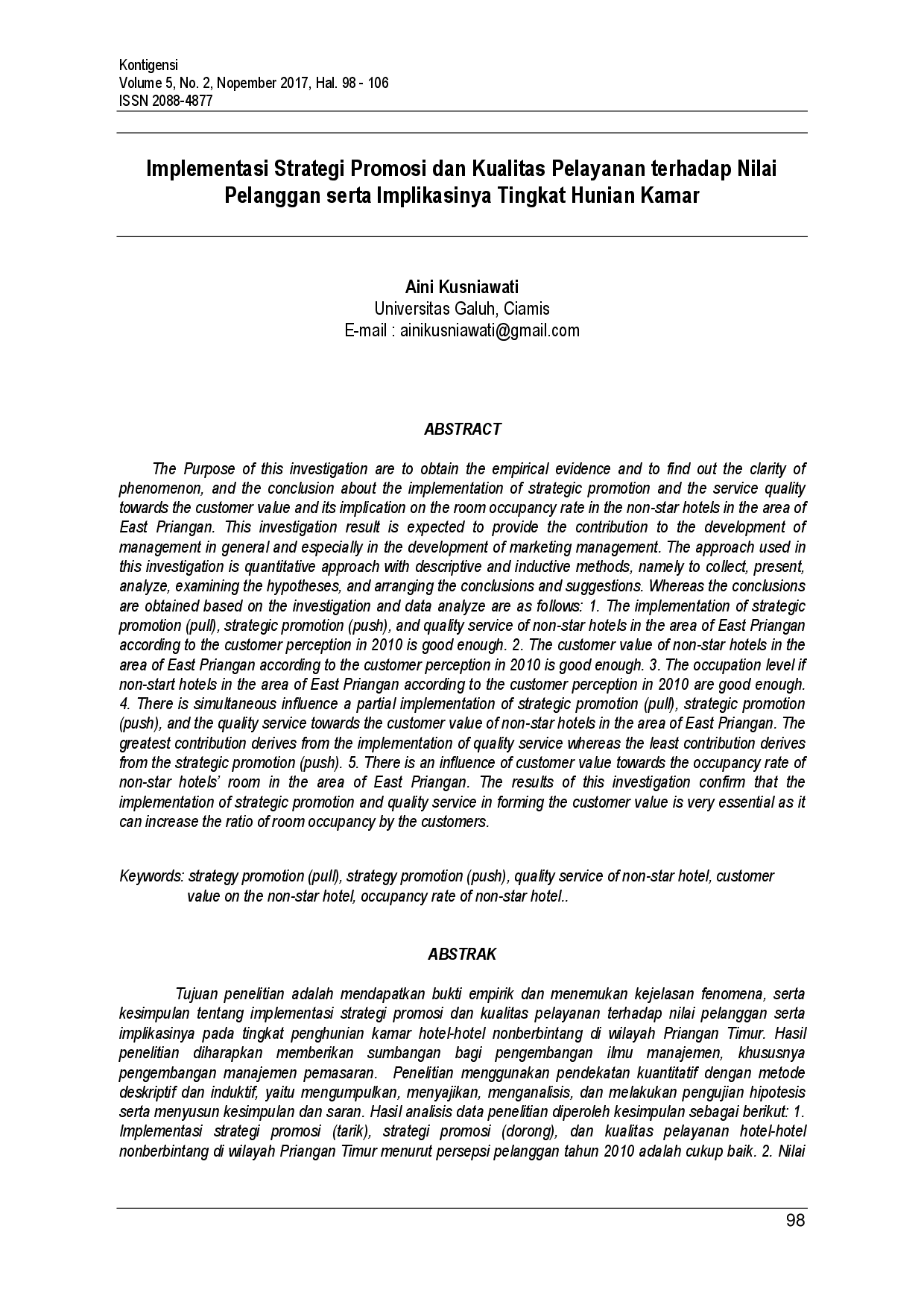 juris Implementasi Strategi Promosi dan Kualitas Pelayanan terhadap Nilai Pelanggan serta Implikasinya Tingkat Hunian Kamar