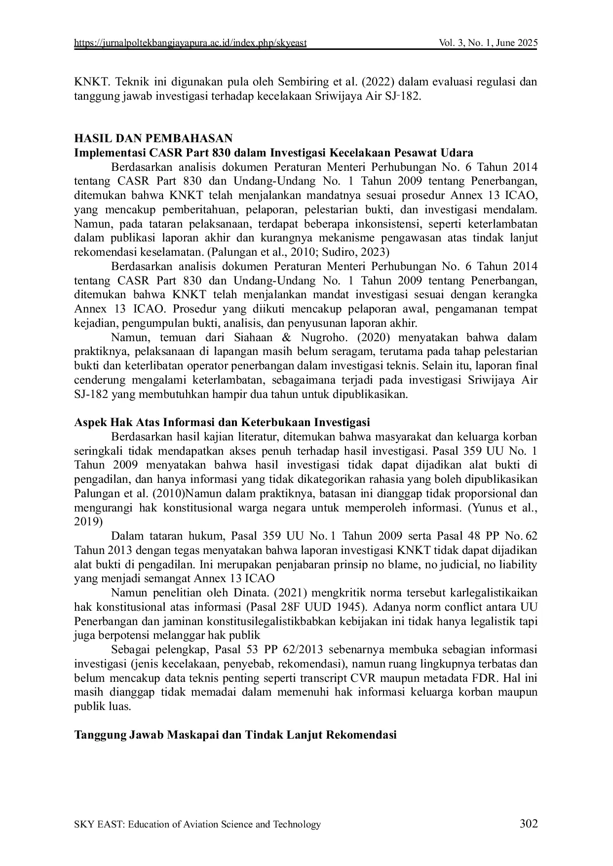 JURIS Implementasi CASR Part 830 dalam Investigasi Kecelakaan Pesawat Udara Sipil di Indonesia