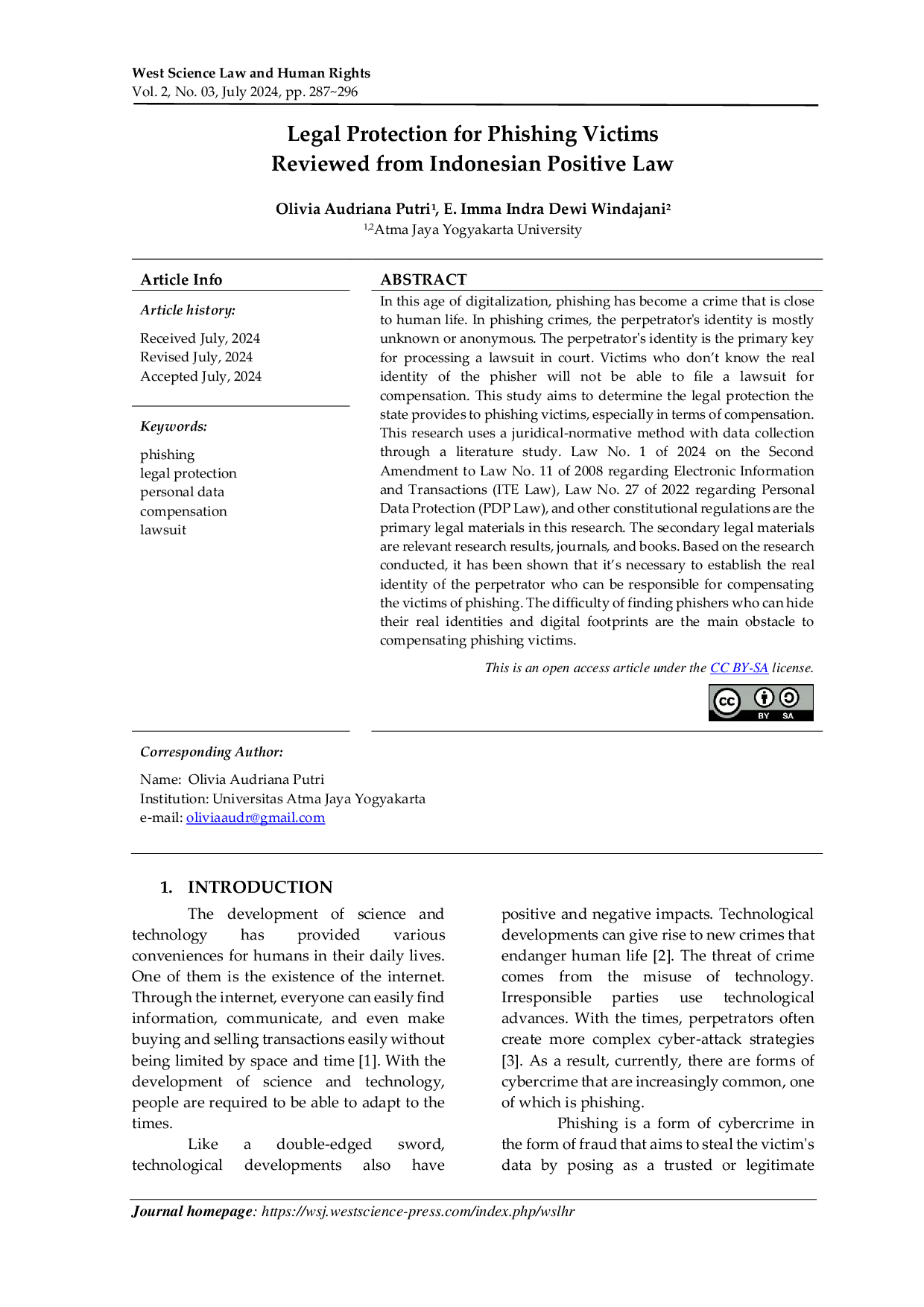 JURIS Legal Protection for Phishing Victims Reviewed from Indonesian Positive Law