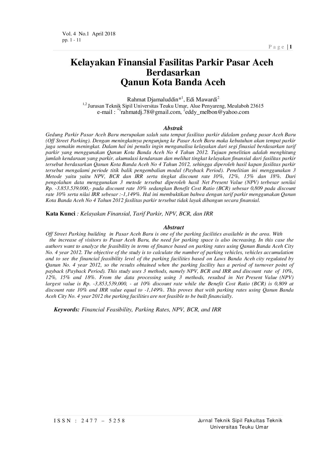 JURIS Kelayakan Finansial Fasilitas Parkir Pasar Aceh Berdasarkan Qanun Kota Banda Aceh