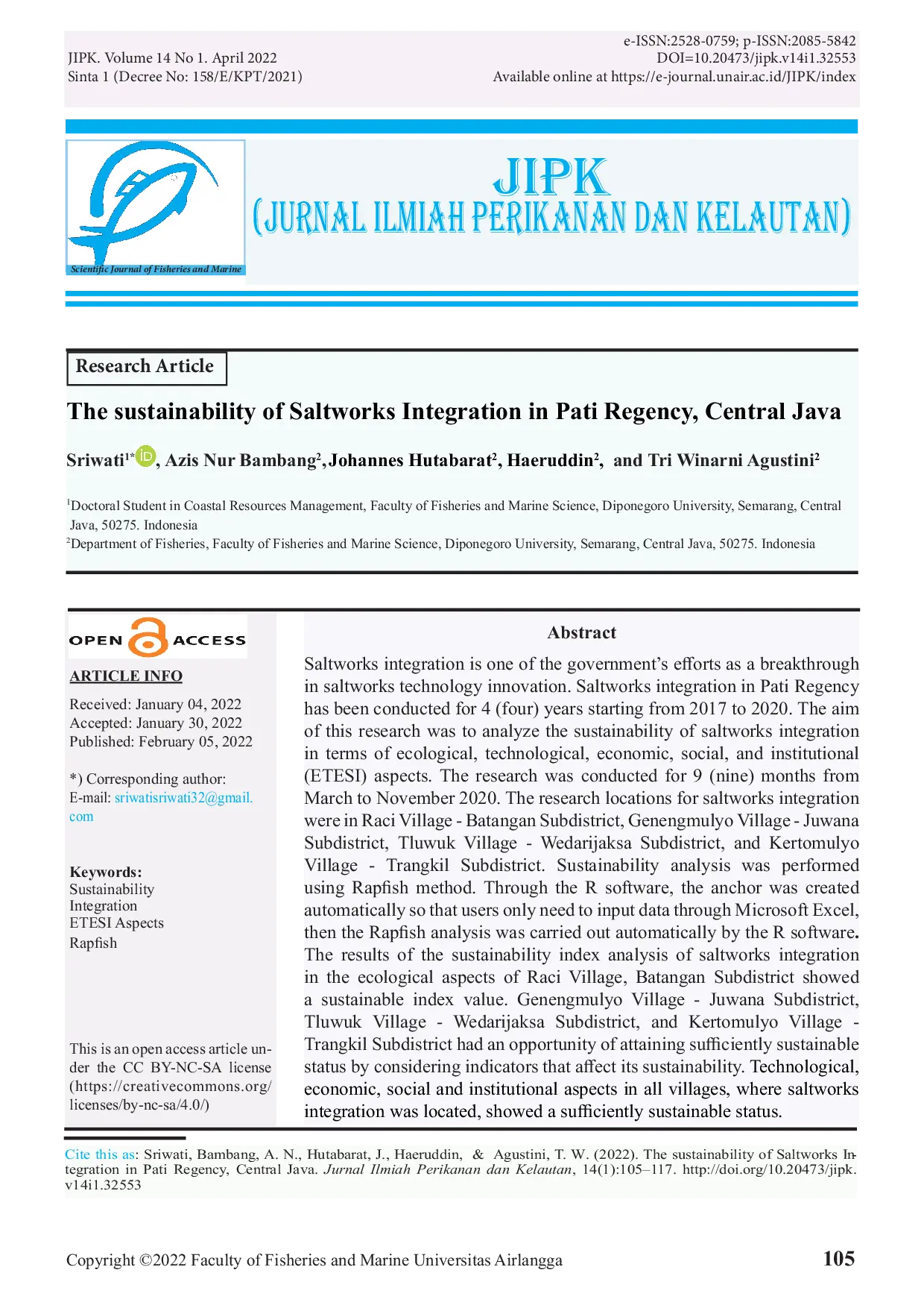 JURIS The Sustainability of Saltworks Integration in Pati Regency Central Java