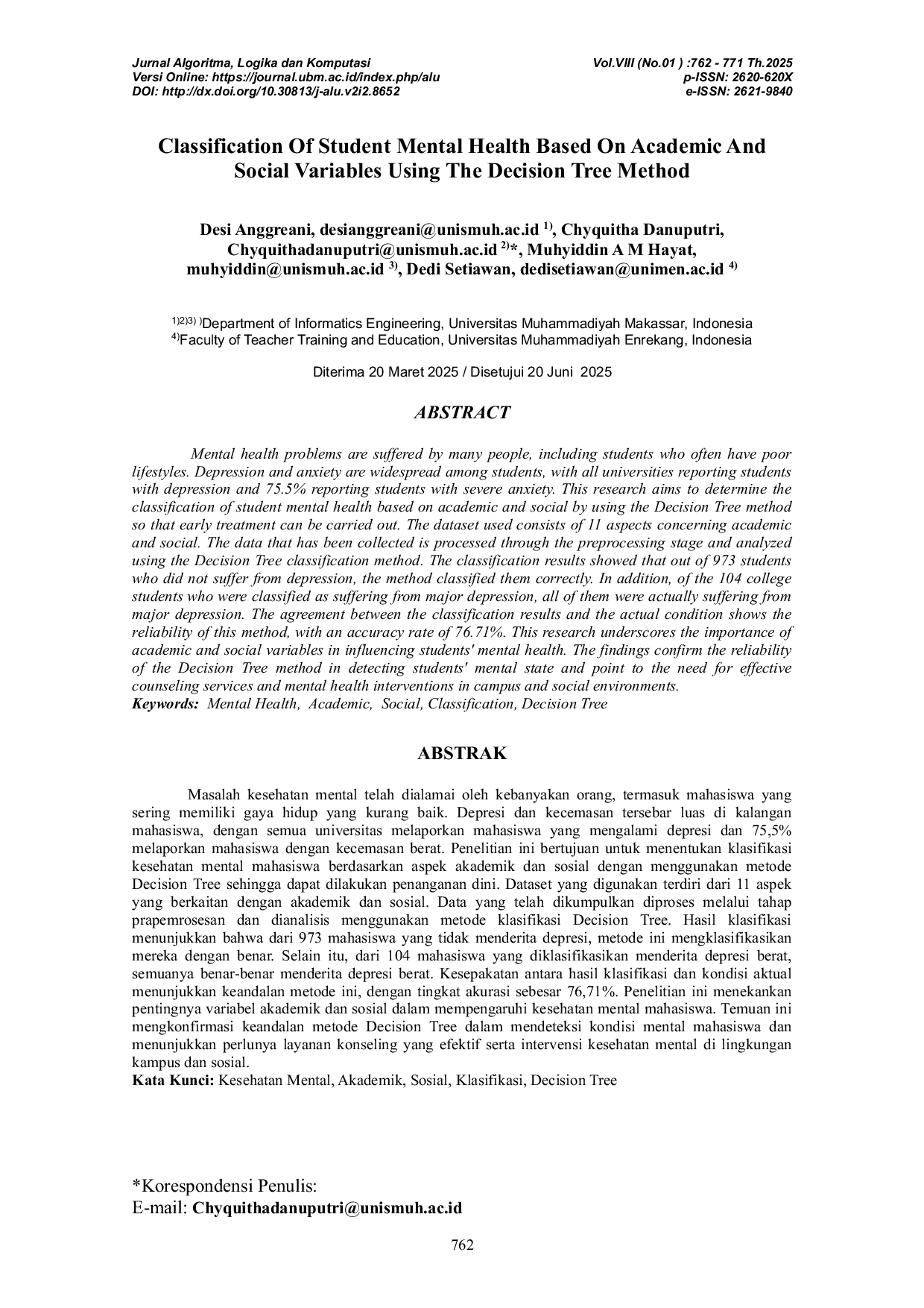JURIS Classification Of Student Mental Health Based On Academic And Social Variables Using The Decision Tree Method
