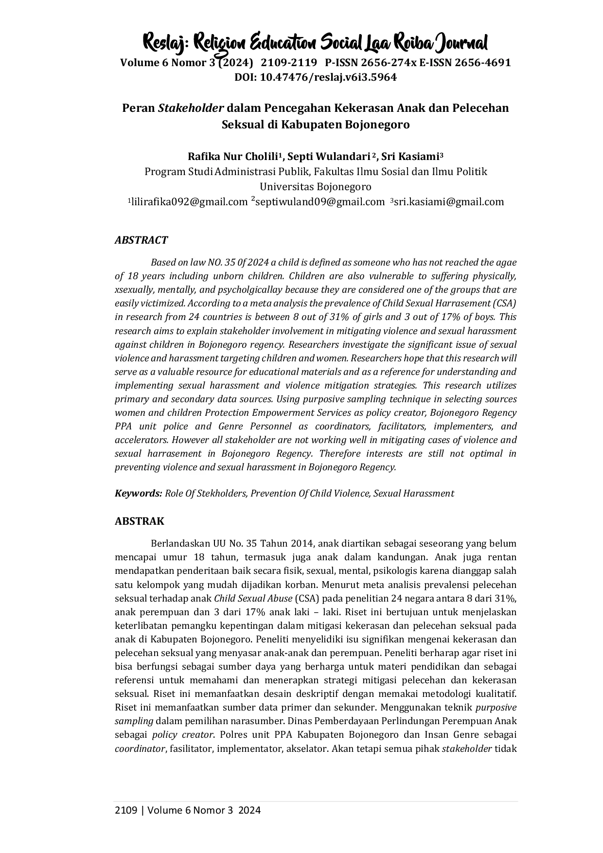 JURIS Peran Stakeholder dalam Pencegahan Kekerasan Anak dan Pelecehan Seksual di Kabupaten Bojonegoro