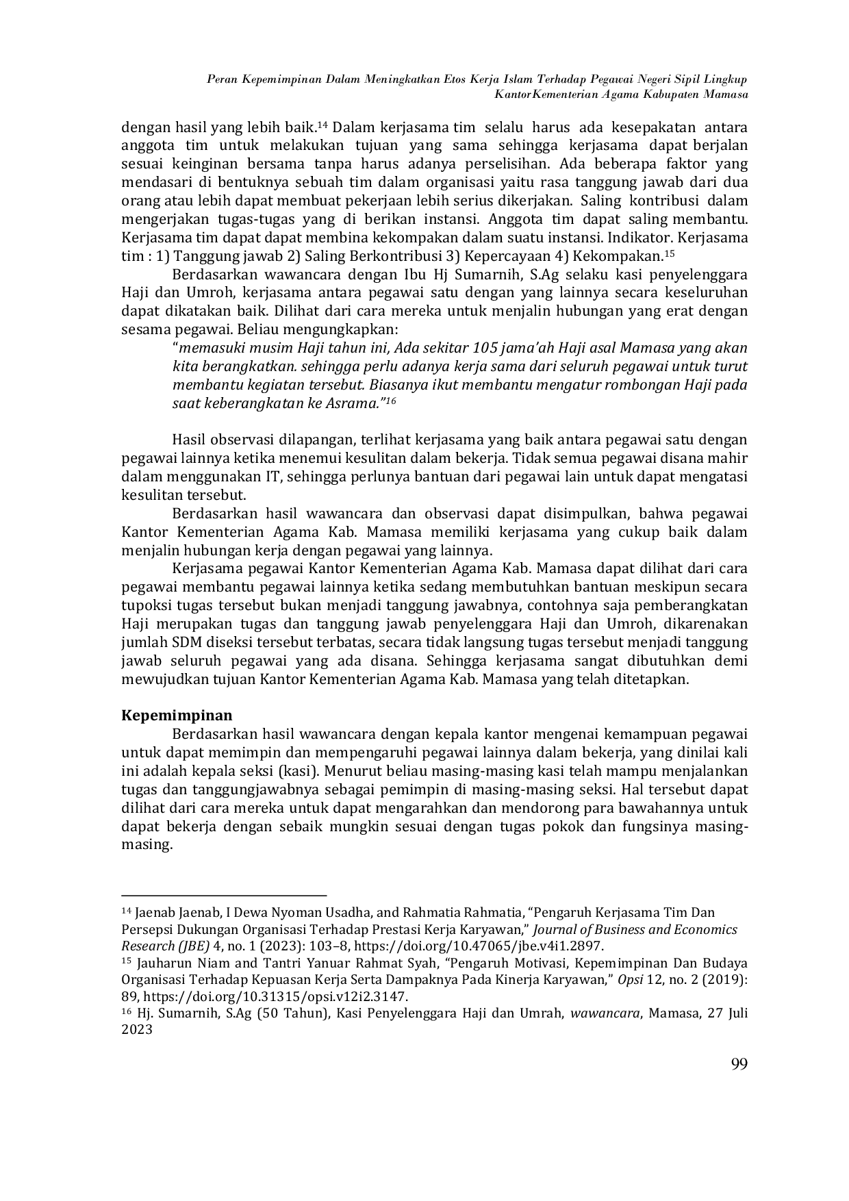 JURIS Peran Kepemimpinan Dalam Meningkatkan Etos Kerja Islam Terhadap Pegawai Negeri Sipil Lingkup Kantor Kementerian Agama Kabupaten Mamasa