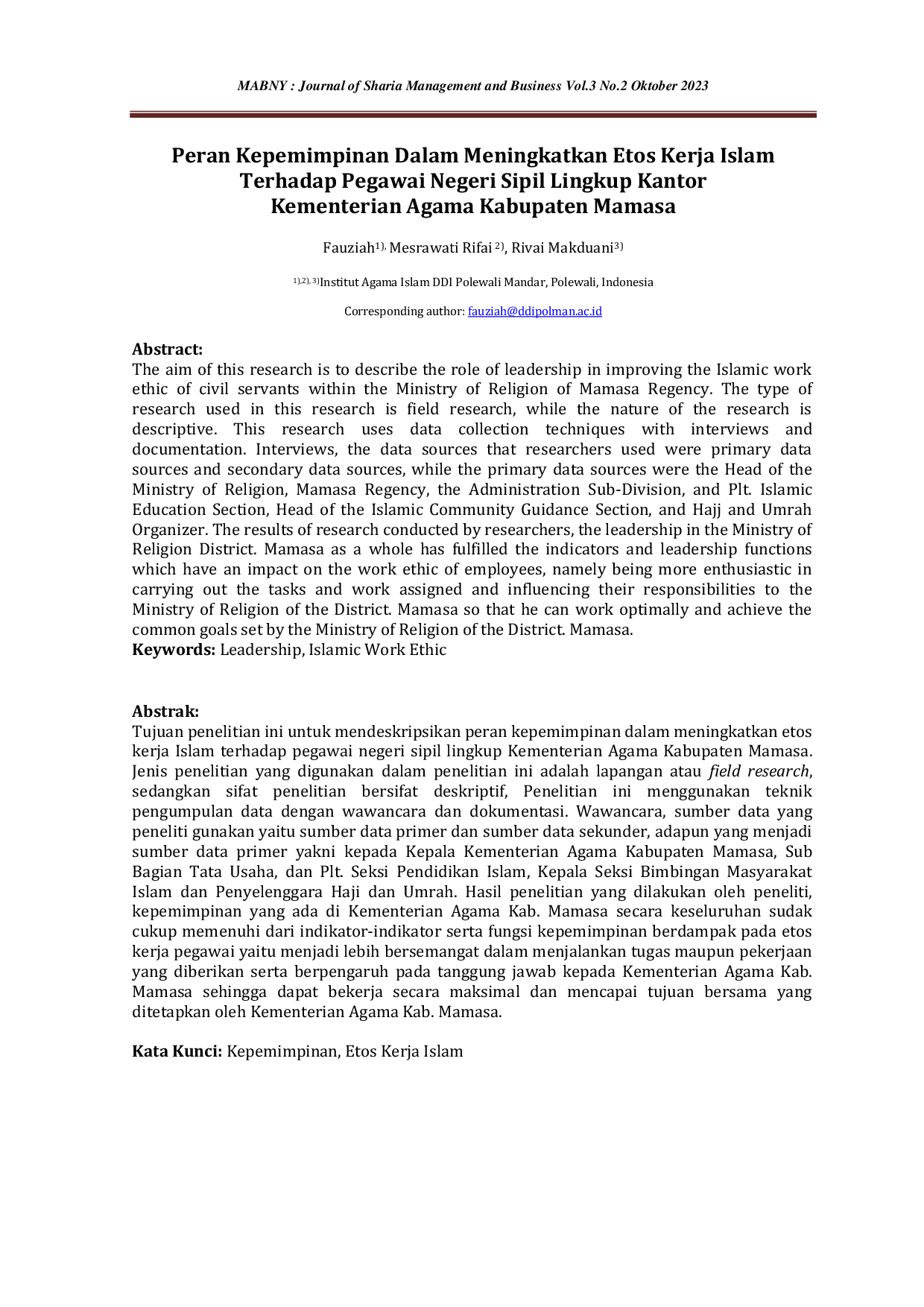 JURIS Peran Kepemimpinan Dalam Meningkatkan Etos Kerja Islam Terhadap Pegawai Negeri Sipil Lingkup Kantor Kementerian Agama Kabupaten Mamasa