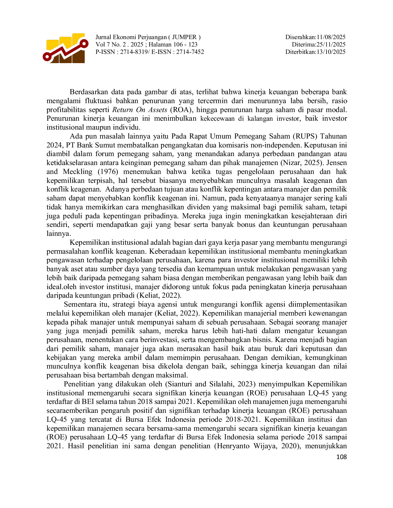 JURIS Pengaruh Kepemilikan Institusional Dan Kepemilikan Manajerial Terhadap Kinerja Keuangan Pada Perusahaan Perbankan Yang Terdaftar Di Bursa Efek Indonesia Tahun 2022 2024