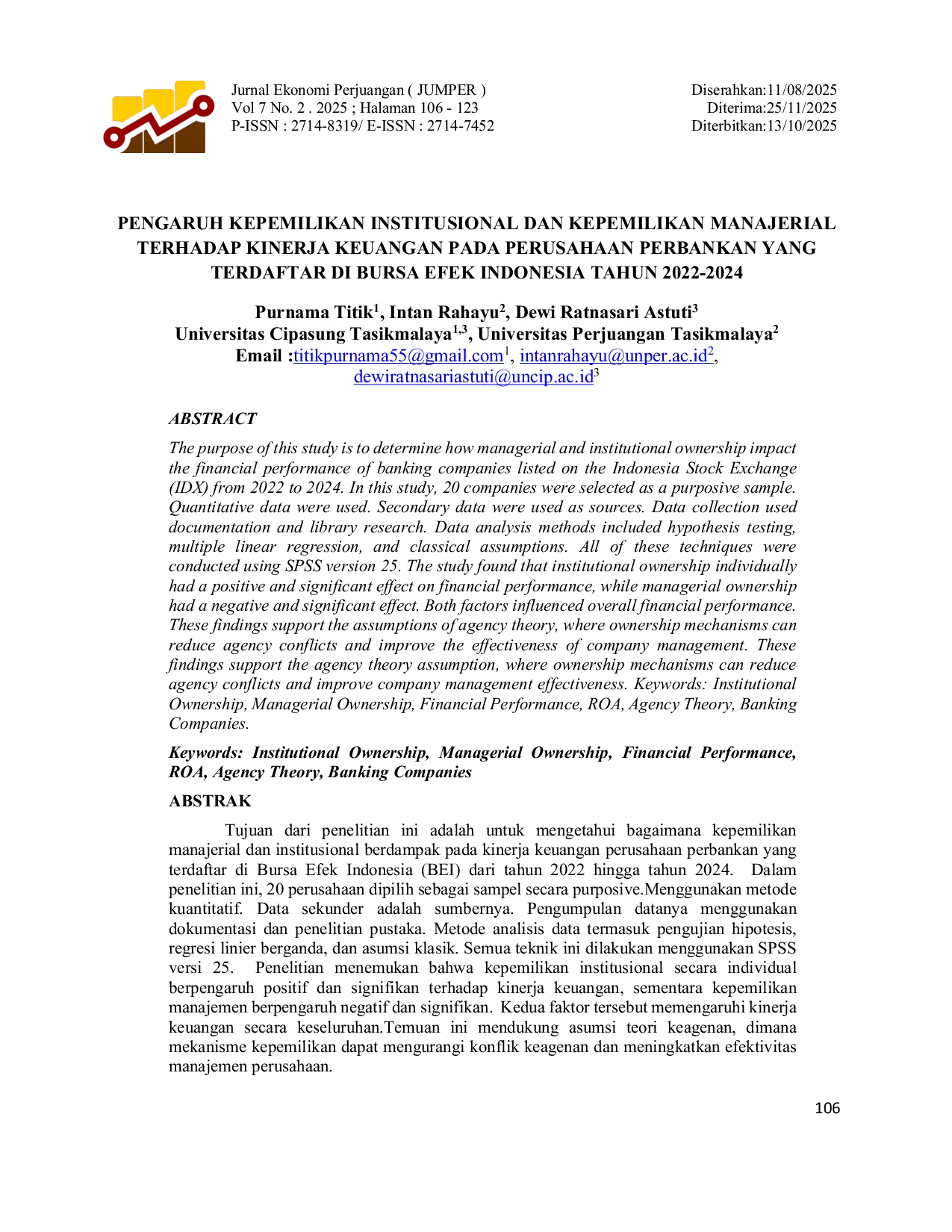 JURIS Pengaruh Kepemilikan Institusional Dan Kepemilikan Manajerial Terhadap Kinerja Keuangan Pada Perusahaan Perbankan Yang Terdaftar Di Bursa Efek Indonesia Tahun 2022 2024