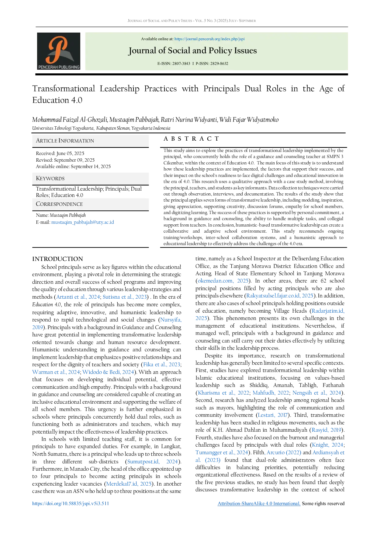 JURIS Transformational Leadership Practices with Principals Dual Roles in the Age of Education 4 0