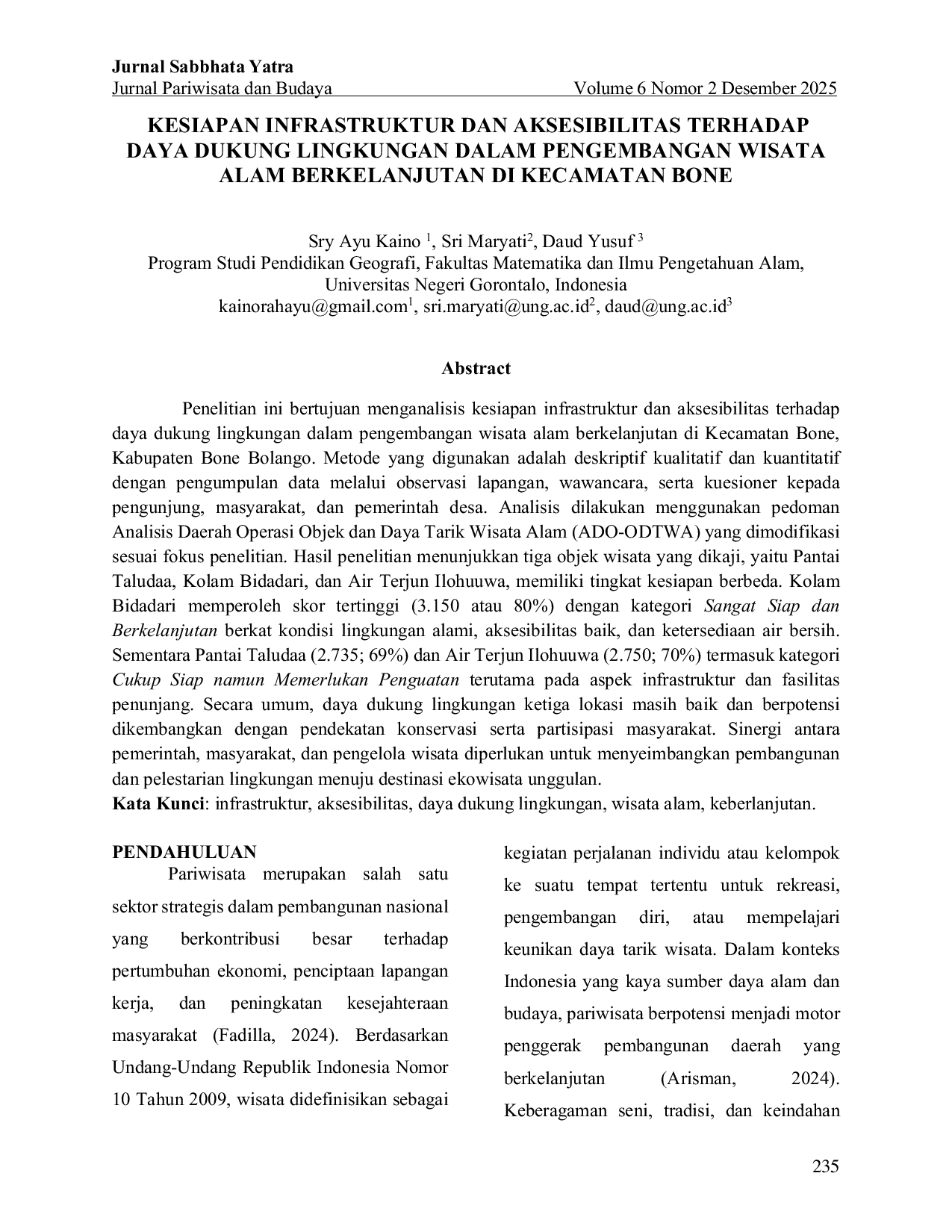 JURIS Kesiapan Infrastruktur Dan Aksesibilitas Terhadap Daya Dukung Lingkungan Dalam Pengembangan Wisata Alam Berkelanjutan Di Kecamatan Bone