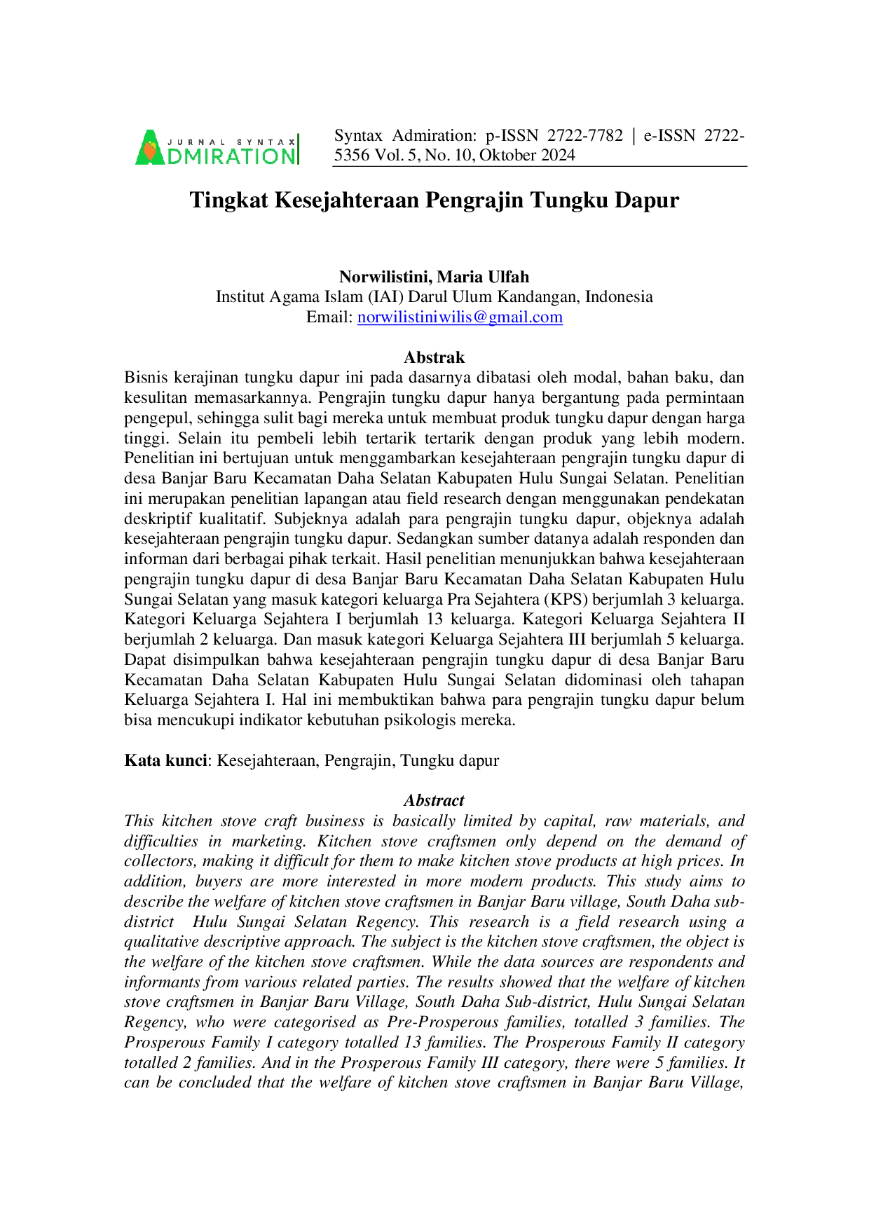JURIS Tingkat Kesejahteraan Pengrajin Tungku Dapur