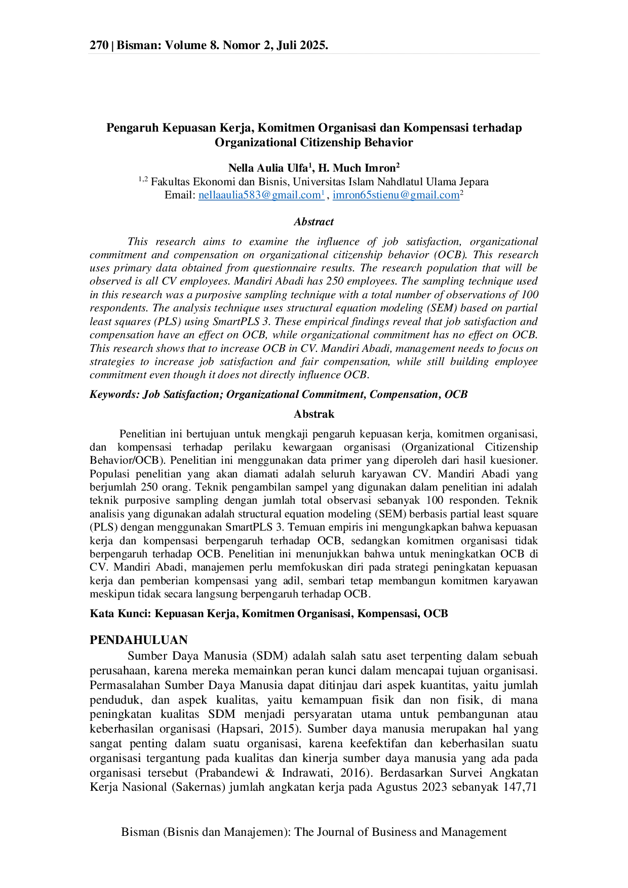 JURIS Pengaruh Kepuasan Kerja Komitmen Organisasi dan Kompensasi Terhadap Organizational Citizenship Behavior