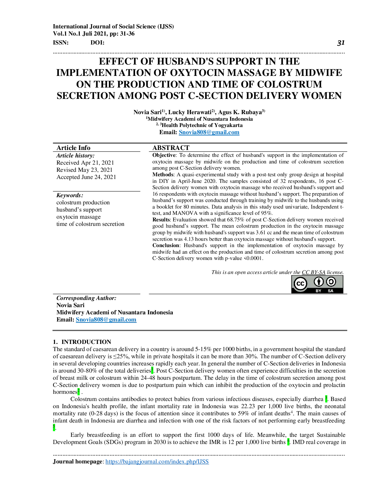 JURIS Pengaruh Dukungan Suami Dalam Pelaksanaan Pijat Oksitosin Oleh Bidan Terhadap Produksi Dan Waktu Sekresi Kolustrum Pada Ibu Post Natal Sectio Caesaria