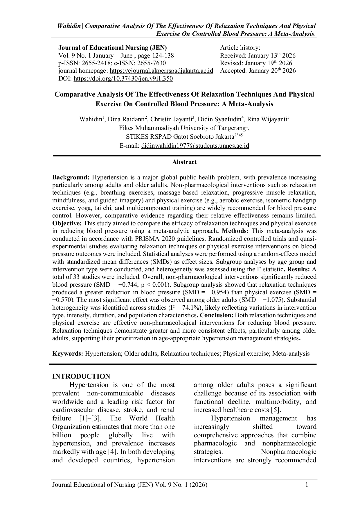 JURIS Comparative Analysis of the Effectiveness of Relaxation Techniques and Physical Exercise on Controlled Blood Pressure A Meta Analysis