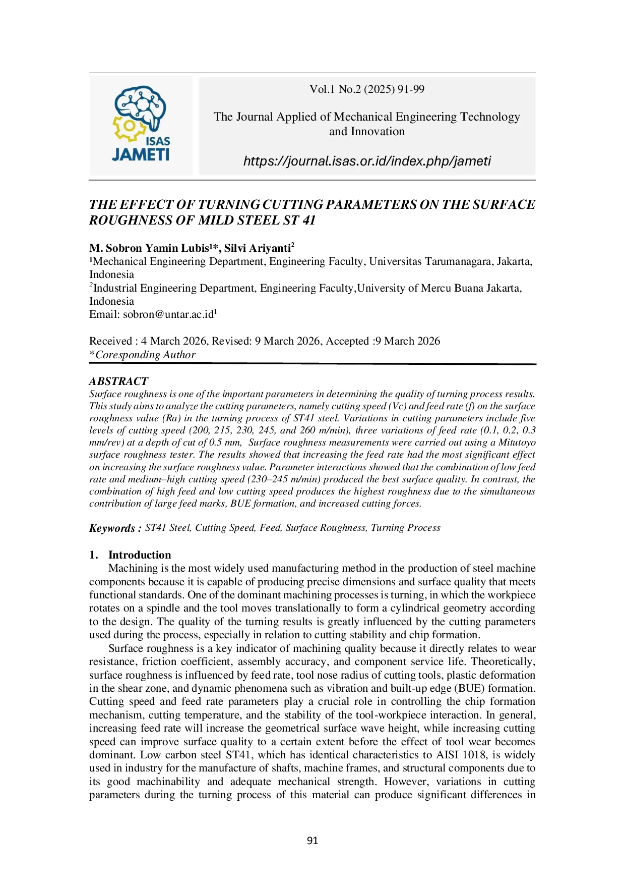 JURIS The Effect of Turning Cutting Parameters on the Surface Roughness of Mild Steel ST 41