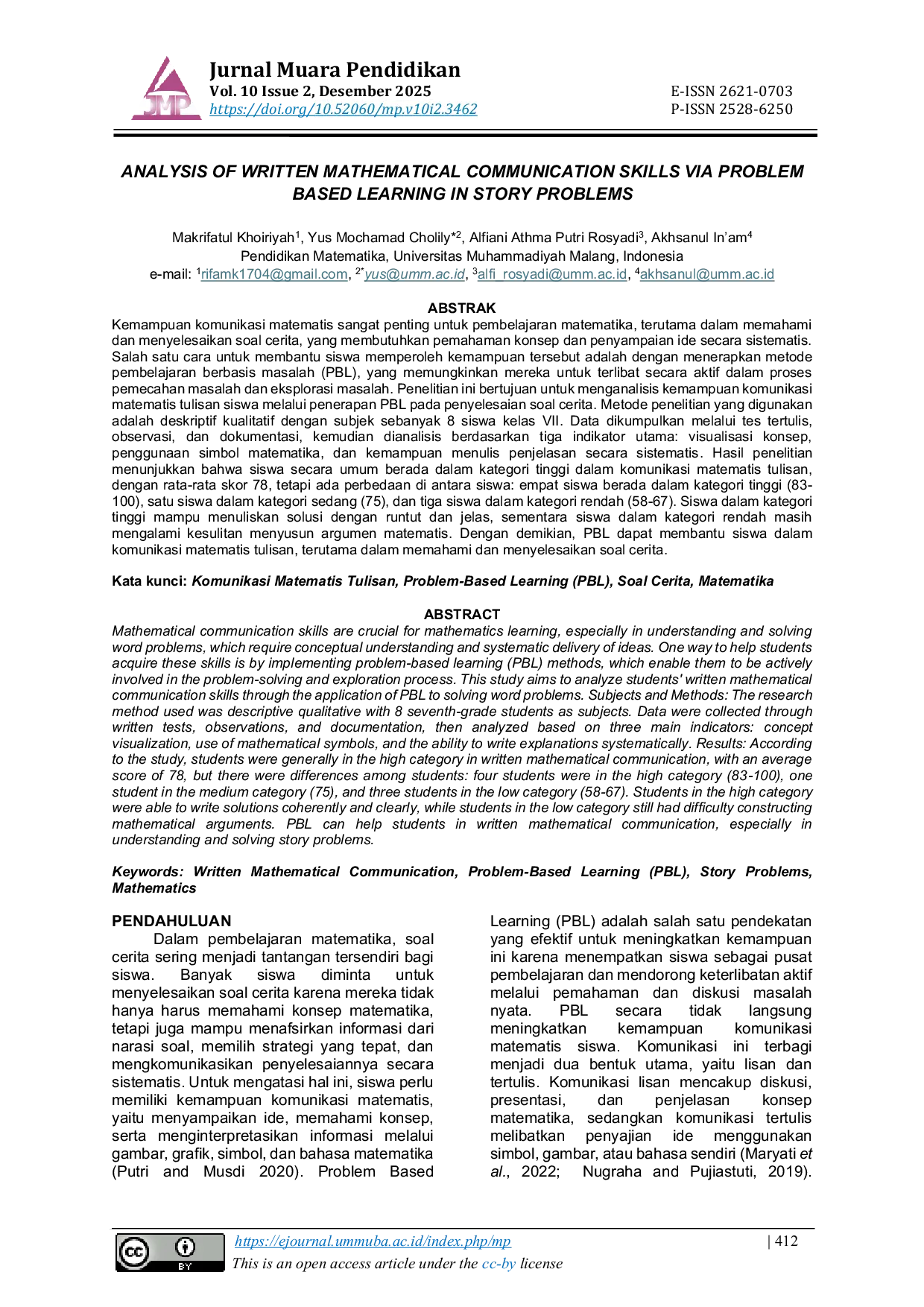 JURIS ANALYSIS OF WRITTEN MATHEMATICAL COMMUNICATION SKILLS VIA PROBLEM BASED LEARNING IN STORY PROBLEMS