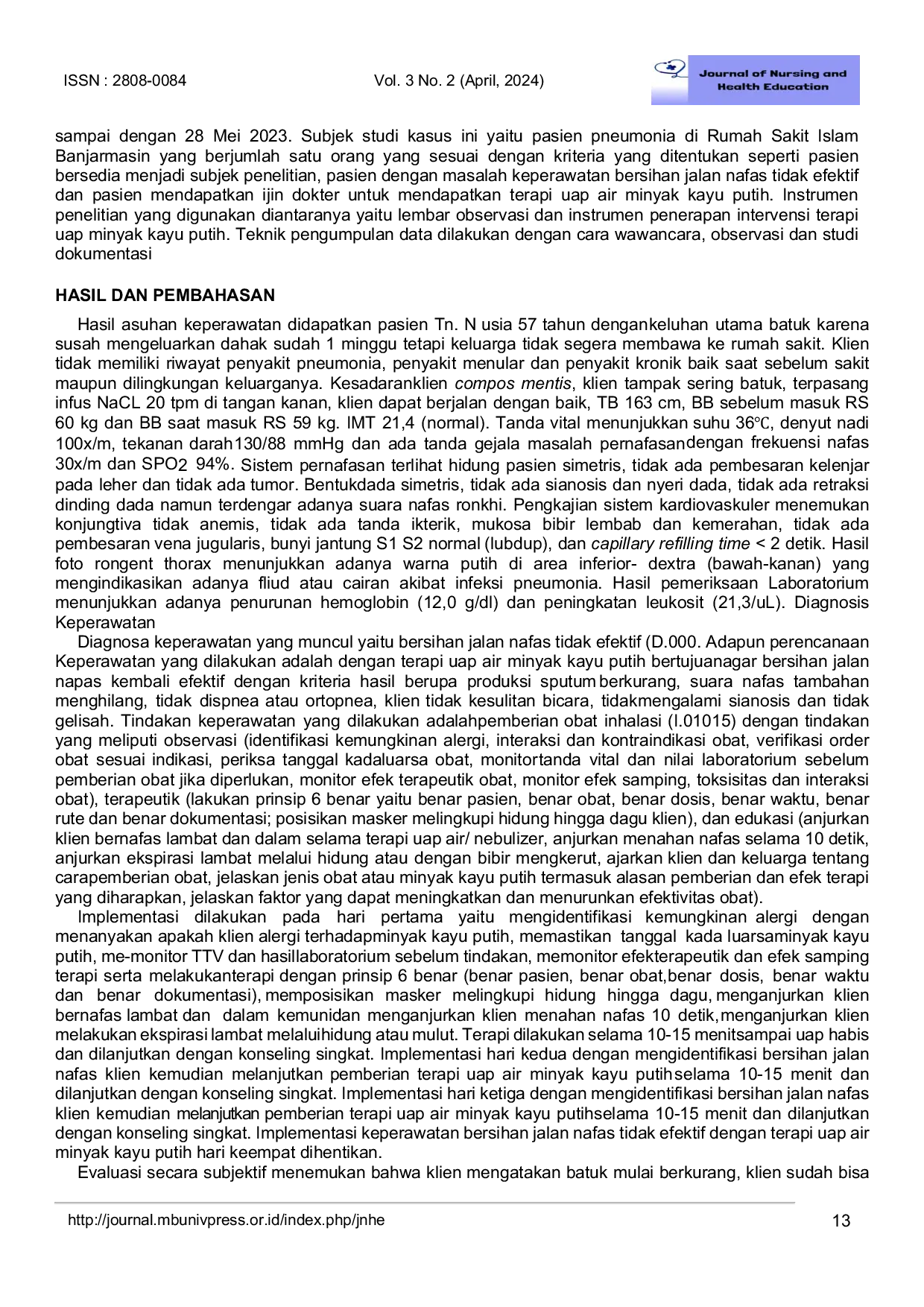 JURIS Analysis of Surgery Medical Nursing Care on Pneumonia Patient with Implementation of Eucalyptus Oil Nebulizer Therapy
