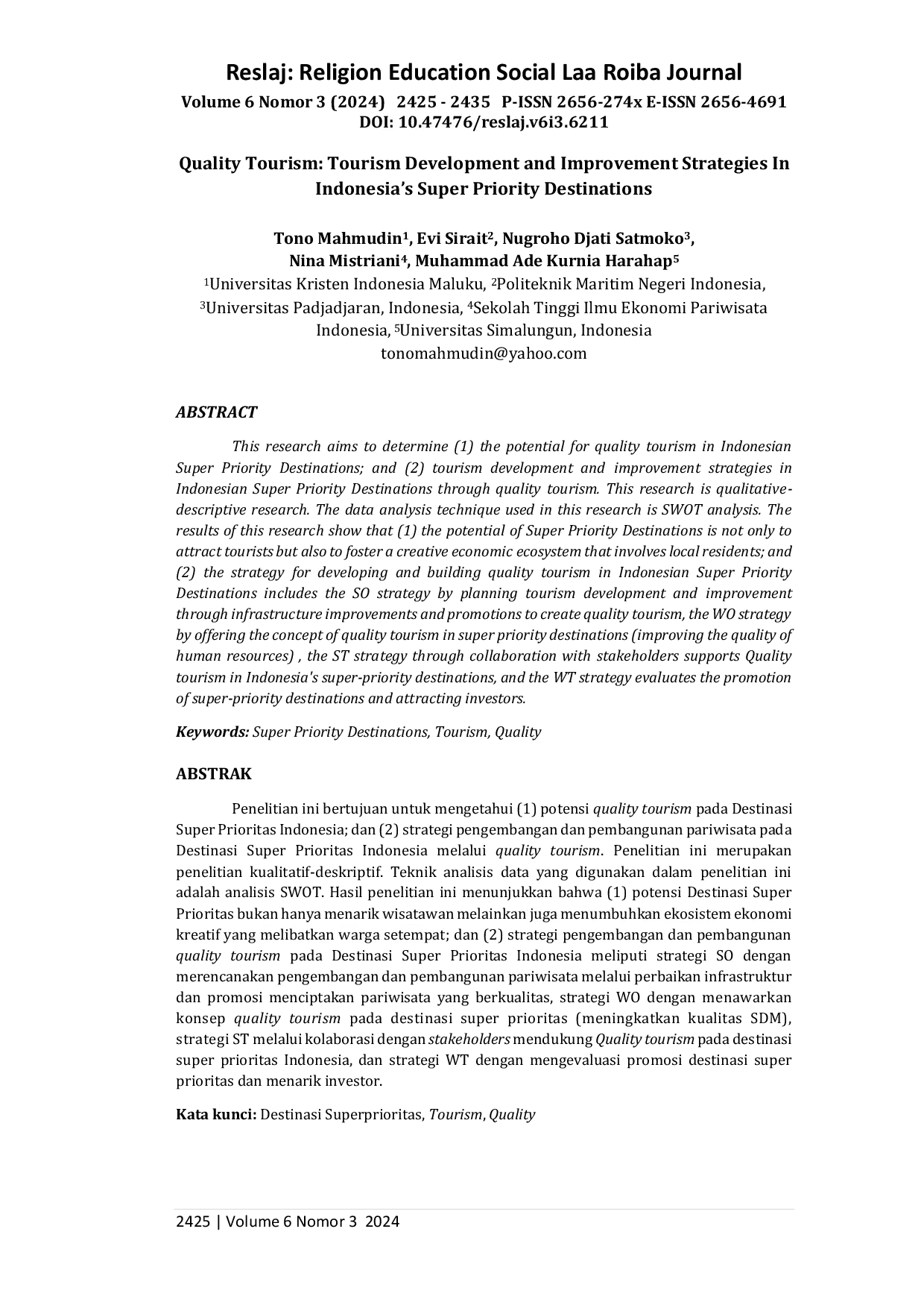 JURIS Quality Tourism Tourism Development and Improvement Strategies In Indonesia s Super Priority Destinations