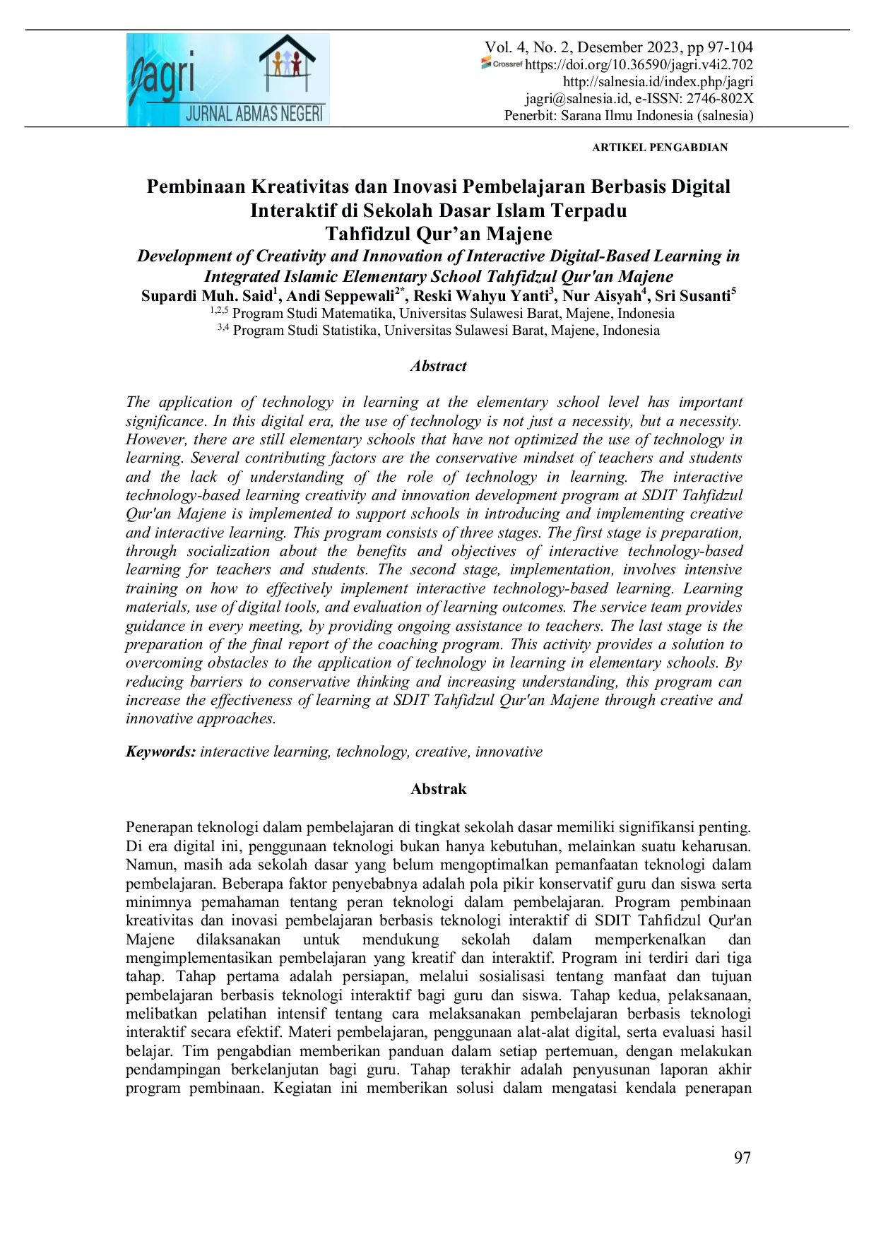 JURIS Pembinaan Kreativitas dan Inovasi Pembelajaran Berbasis Digital Interaktif di Sekolah Dasar Islam Terpadu Tahfidzul Qur an Majene