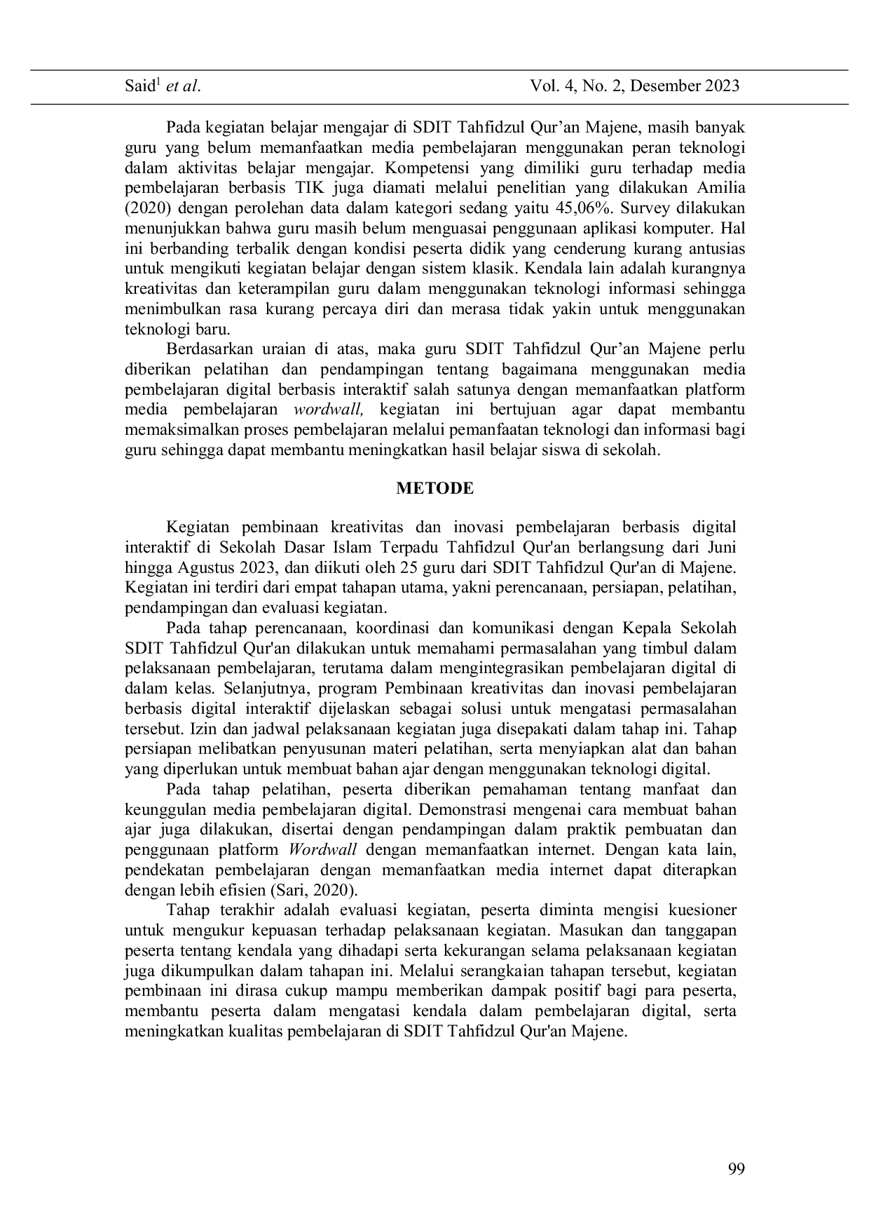 JURIS Pembinaan Kreativitas dan Inovasi Pembelajaran Berbasis Digital Interaktif di Sekolah Dasar Islam Terpadu Tahfidzul Qur an Majene