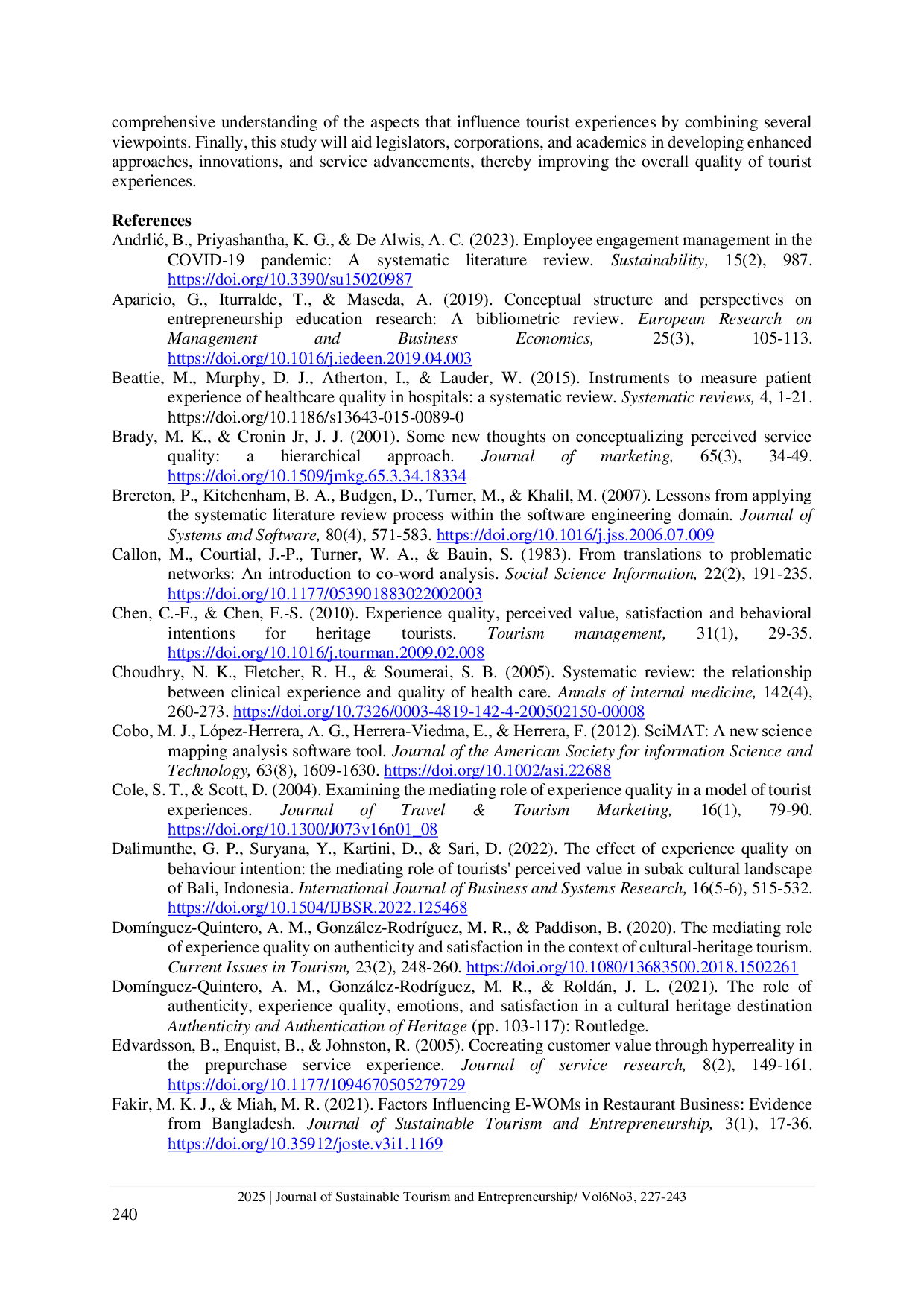 JURIS A review on tourist experience quality Systematic review and bibliometric analysis