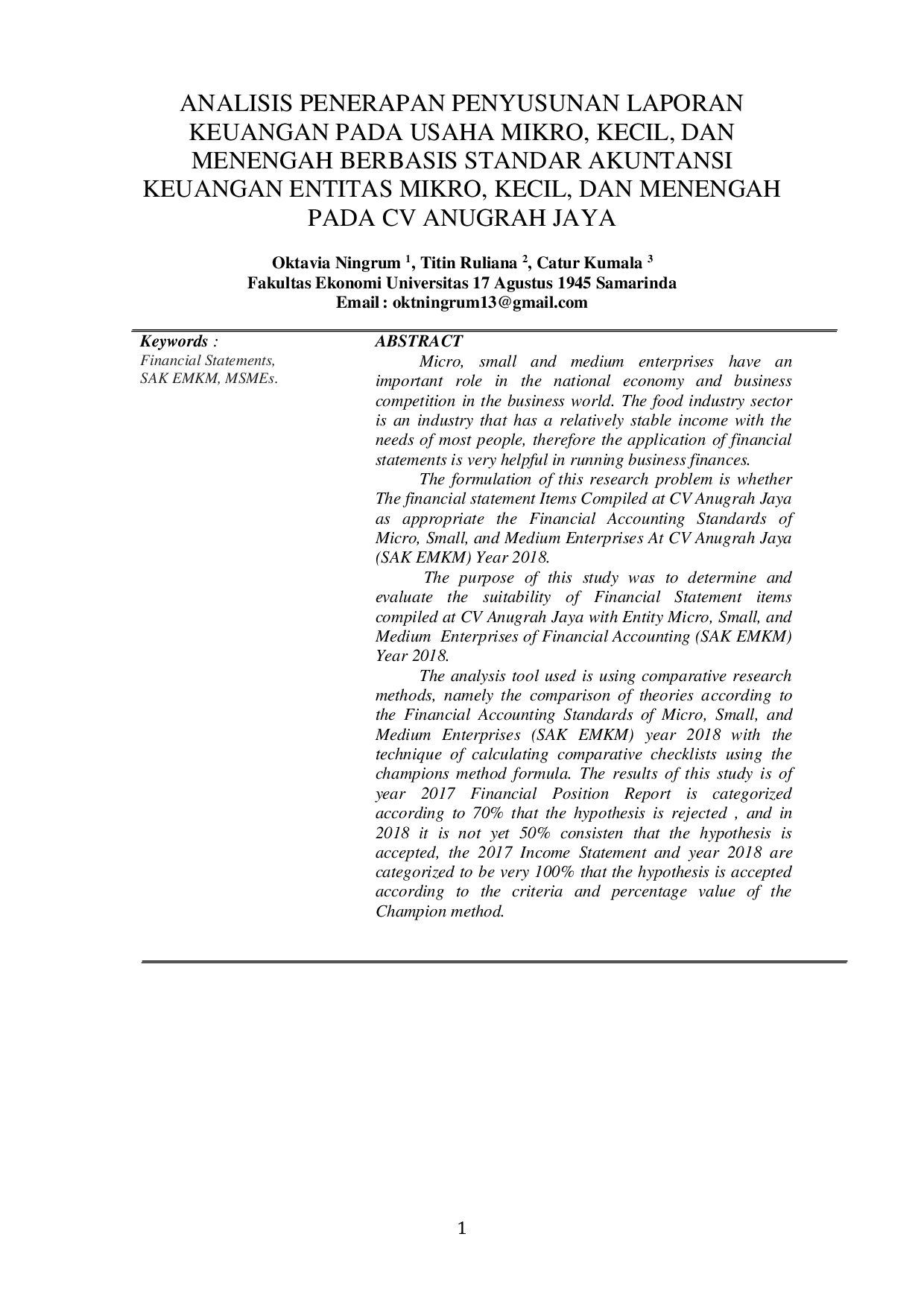 JURIS Analisis Penerapan Penyusunan Laporan Keuangan Pada Usaha Mikro Kecil Dan Menengah Berbasis Standar Akuntansi Keuangan Entitas Mikro Kecil Dan Menengah Pada CV Anugrah Jaya