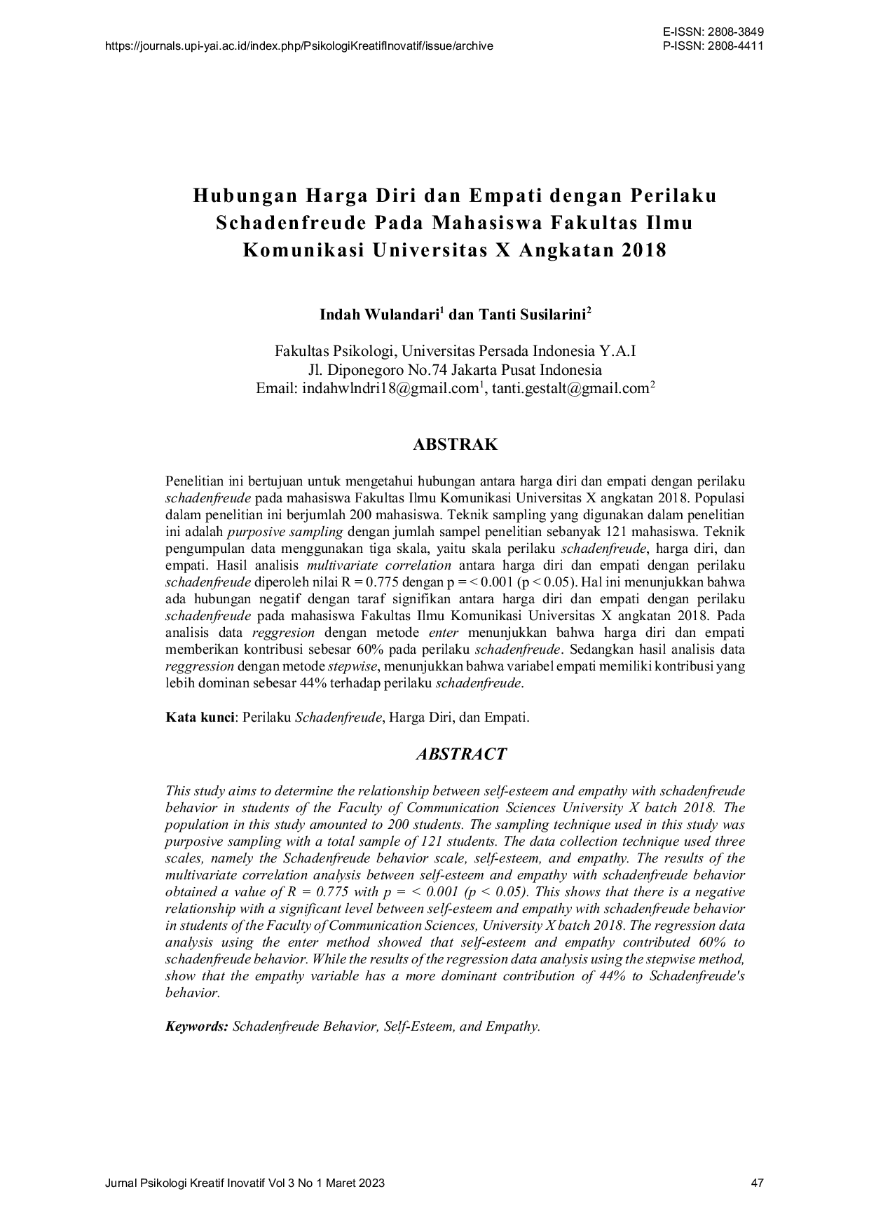 JURIS Hubungan Harga Diri dan Empati dengan Perilaku Schadenfreude Pada Mahasiswa Fakultas Ilmu Komunikasi Universitas X Angkatan 2018