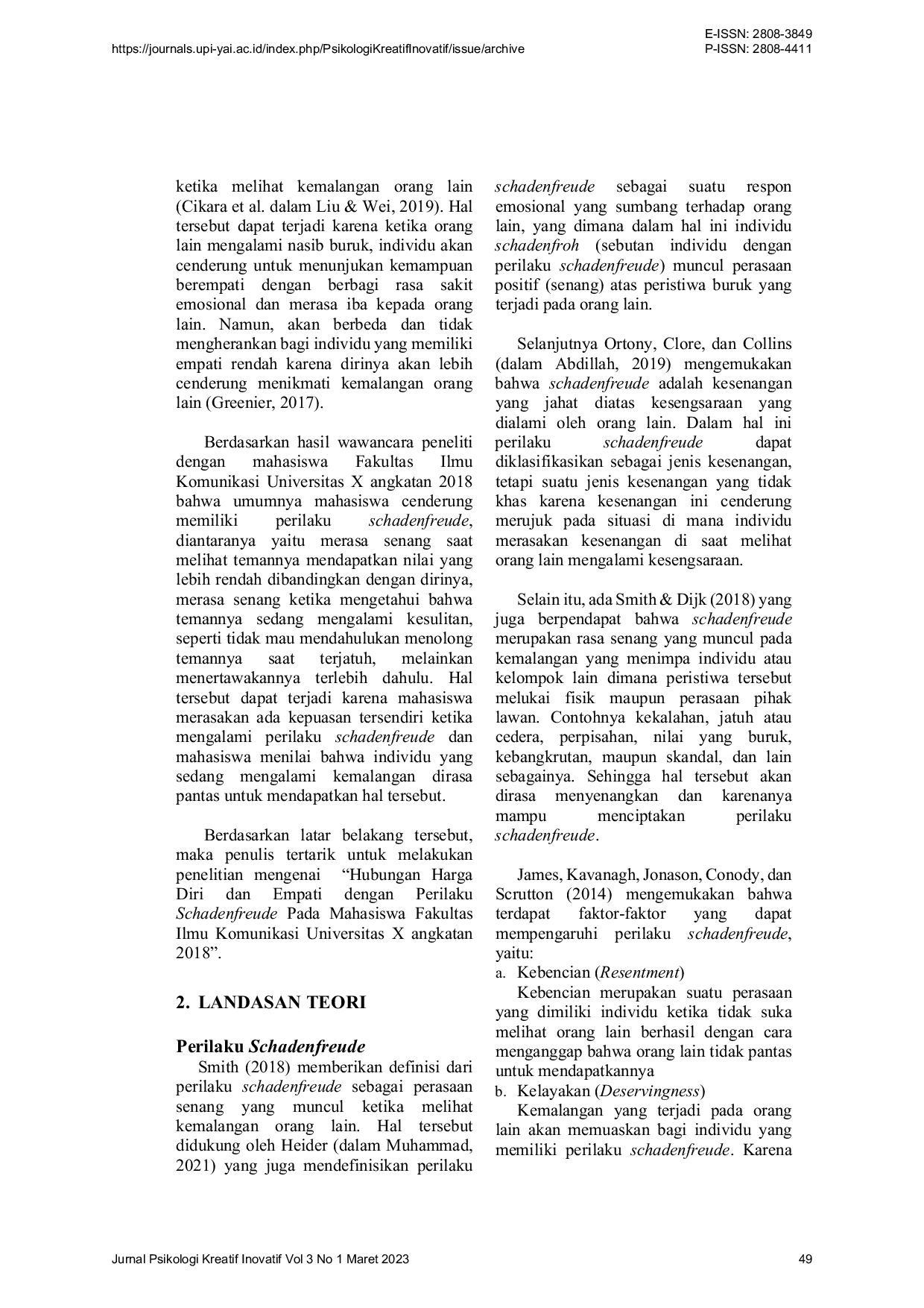 JURIS Hubungan Harga Diri dan Empati dengan Perilaku Schadenfreude Pada Mahasiswa Fakultas Ilmu Komunikasi Universitas X Angkatan 2018