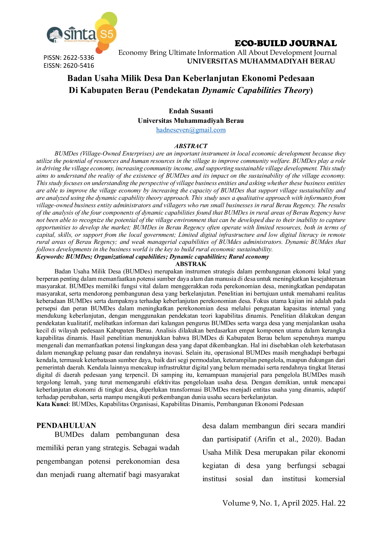 JURIS Badan Usaha Milik Desa Dan Keberlanjutan Ekonomi Pedesaan Di Kabupaten Berau Pendekatan Dynamic Capabilities Theory