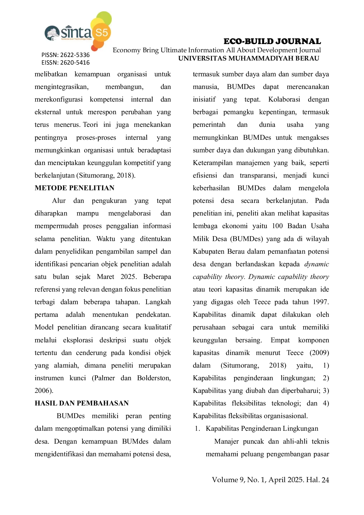 JURIS Badan Usaha Milik Desa Dan Keberlanjutan Ekonomi Pedesaan Di Kabupaten Berau Pendekatan Dynamic Capabilities Theory