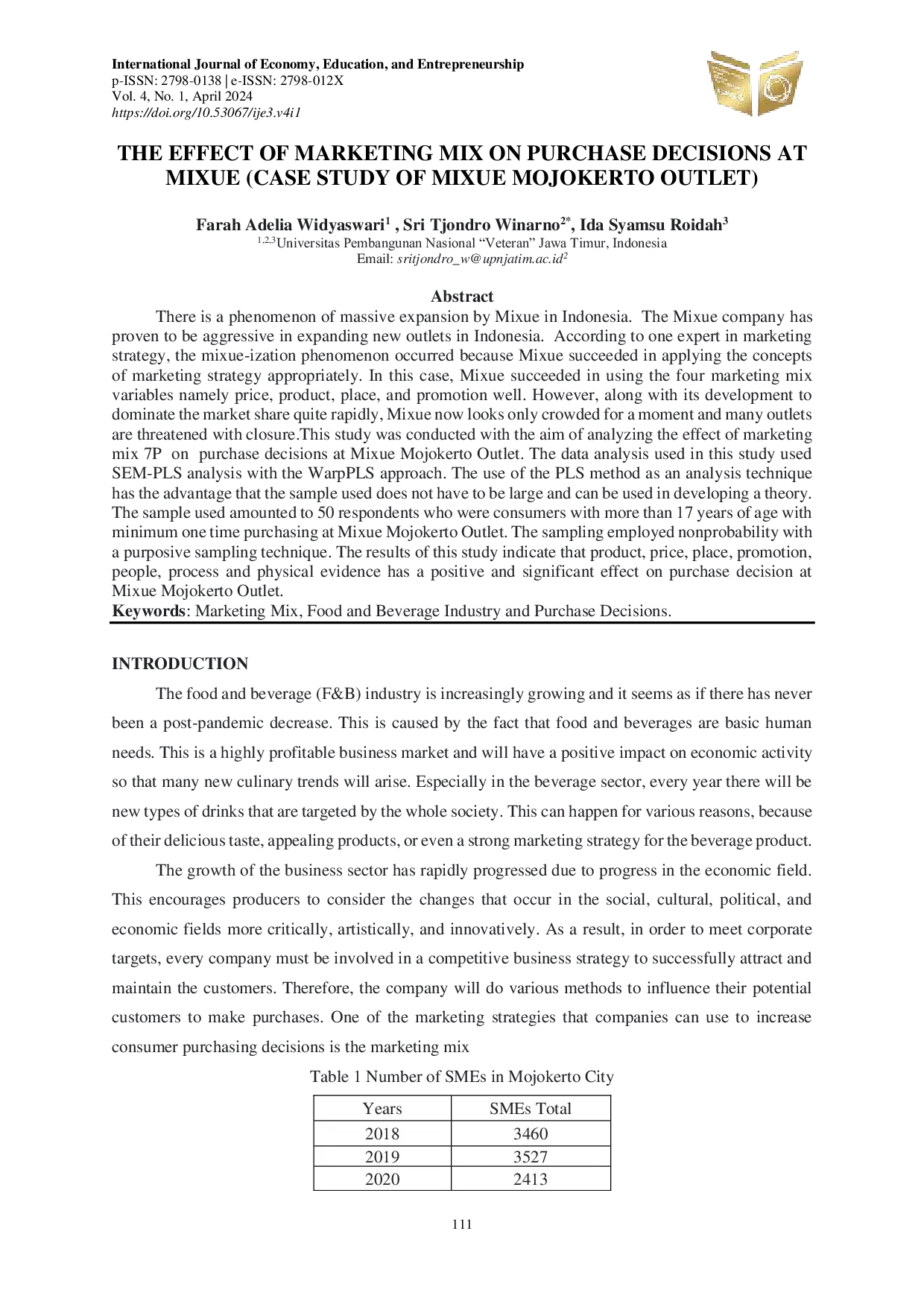 JURIS The Effect Of Marketing Mix On Purchase Decisions At Mixue Case Study Of Mixue Mojokerto Outlet