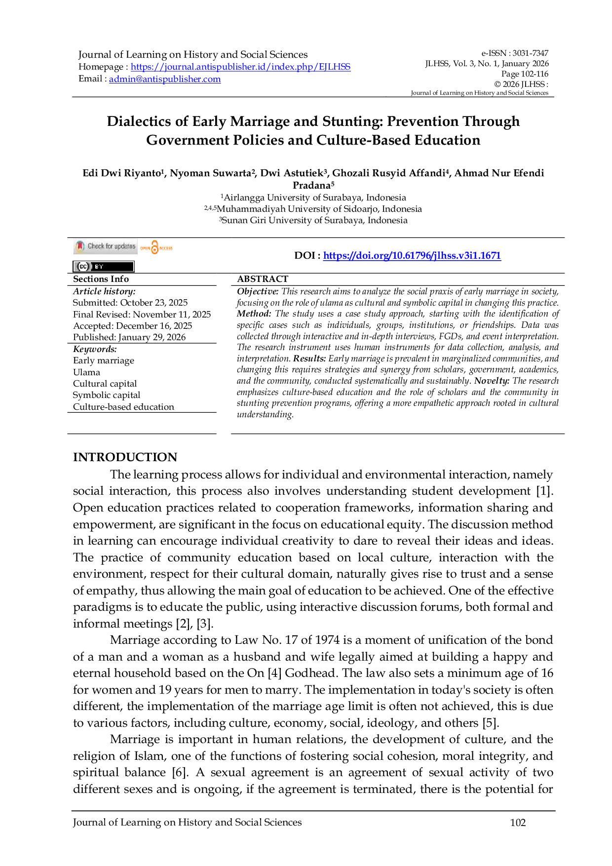 JURIS Dialectics Of Early Marriage And Stunting Prevention Through Government Policies And Culture Based Education