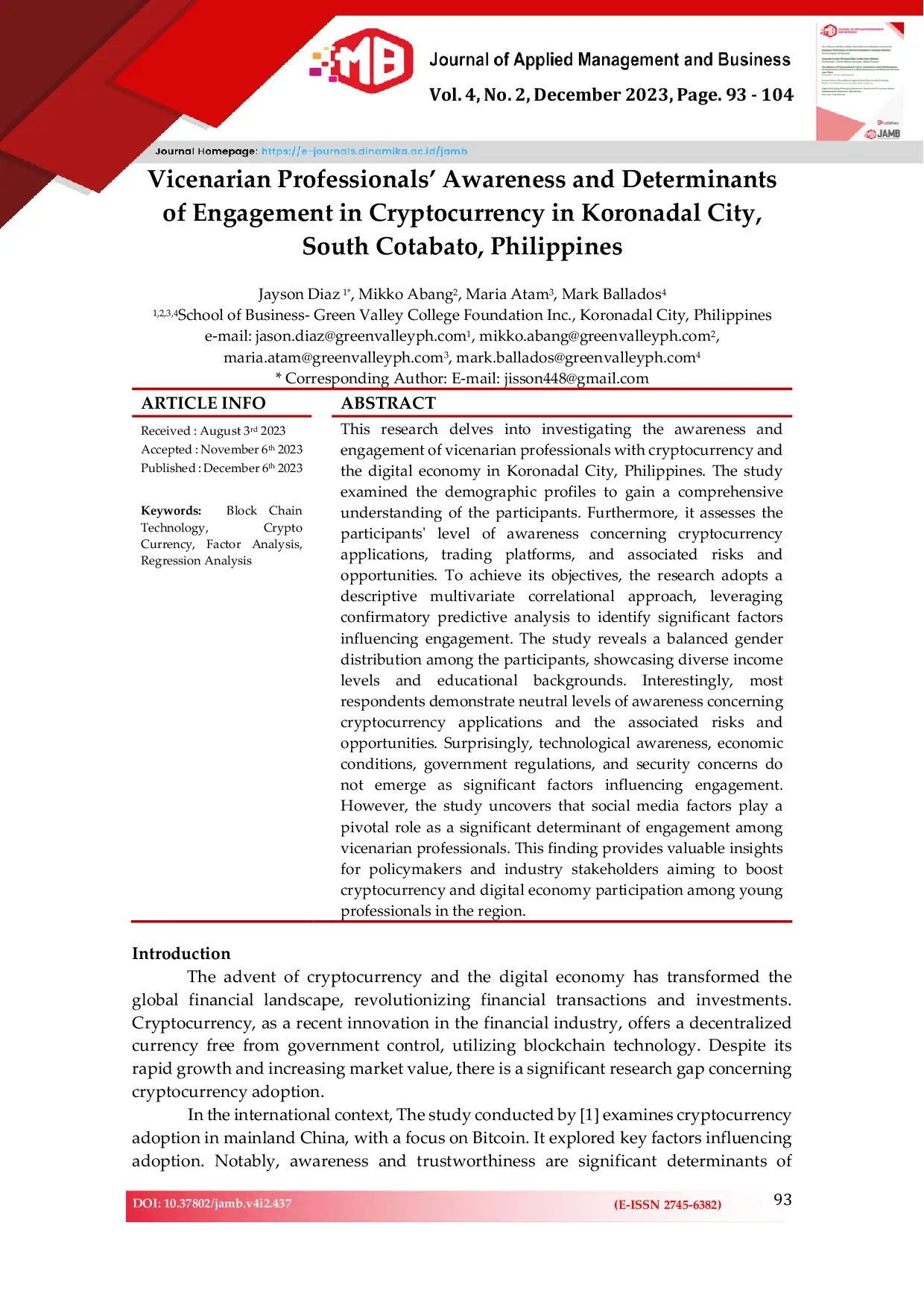 JURIS Vicenarian Professionals Awareness and Determinants of Engagement in Cryptocurrency in Koronadal City South Cotabato Philippines