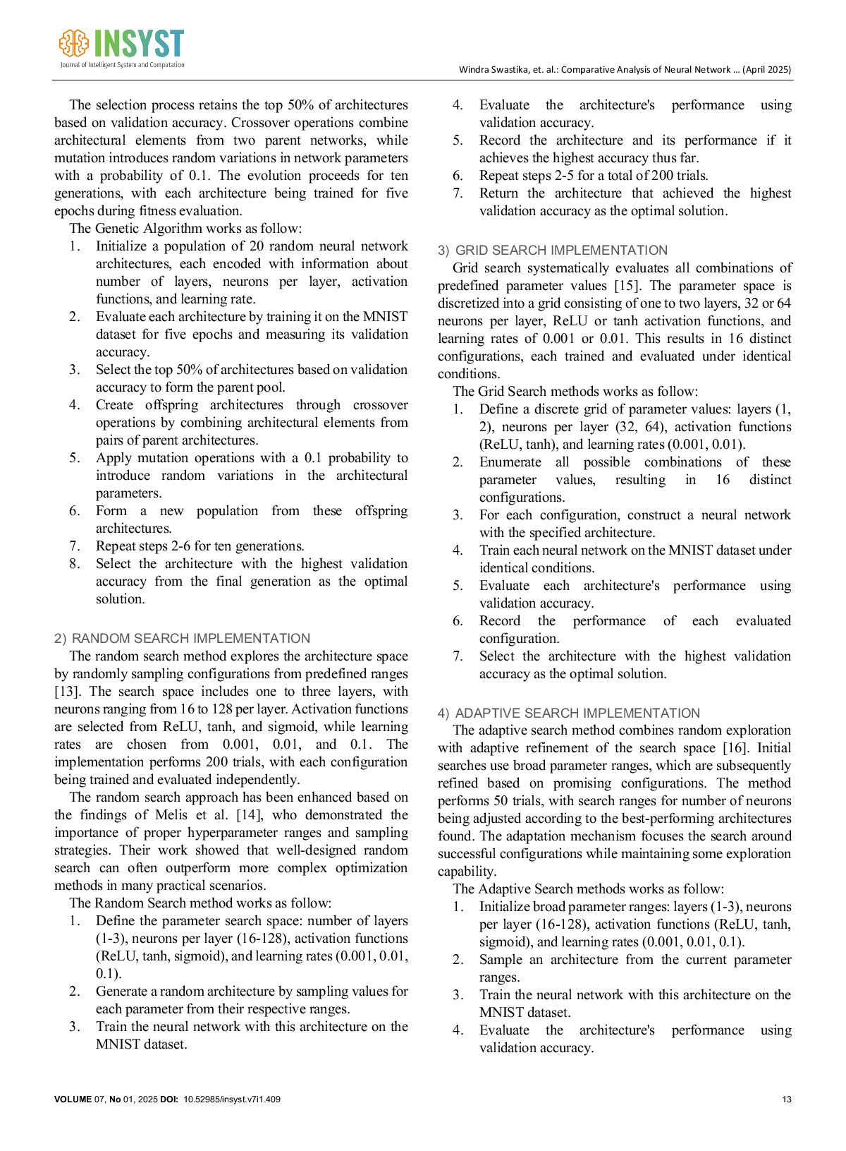JURIS Comparative Analysis of Neural Network Architecture Optimization A Study on Genetic Algorithm Random Search Grid Search and Adaptive Search Methods for Digit Classification