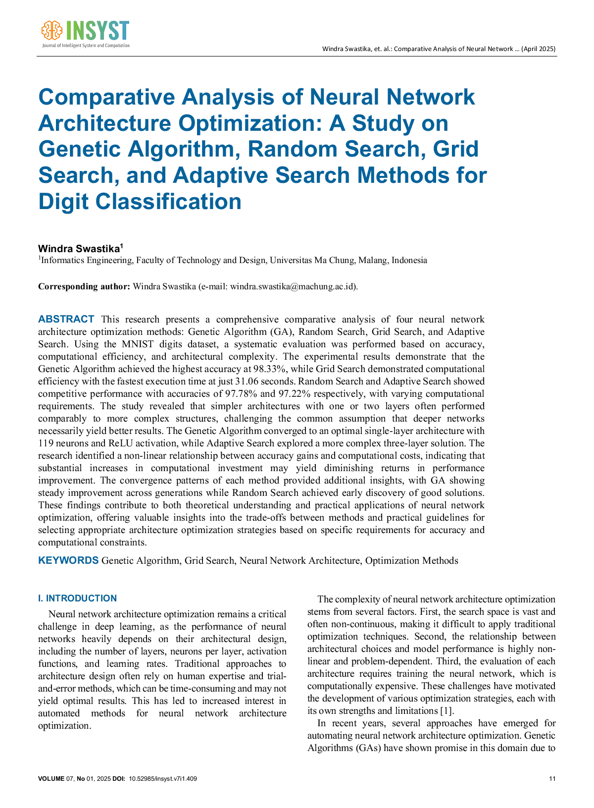 JURIS Comparative Analysis of Neural Network Architecture Optimization A Study on Genetic Algorithm Random Search Grid Search and Adaptive Search Methods for Digit Classification