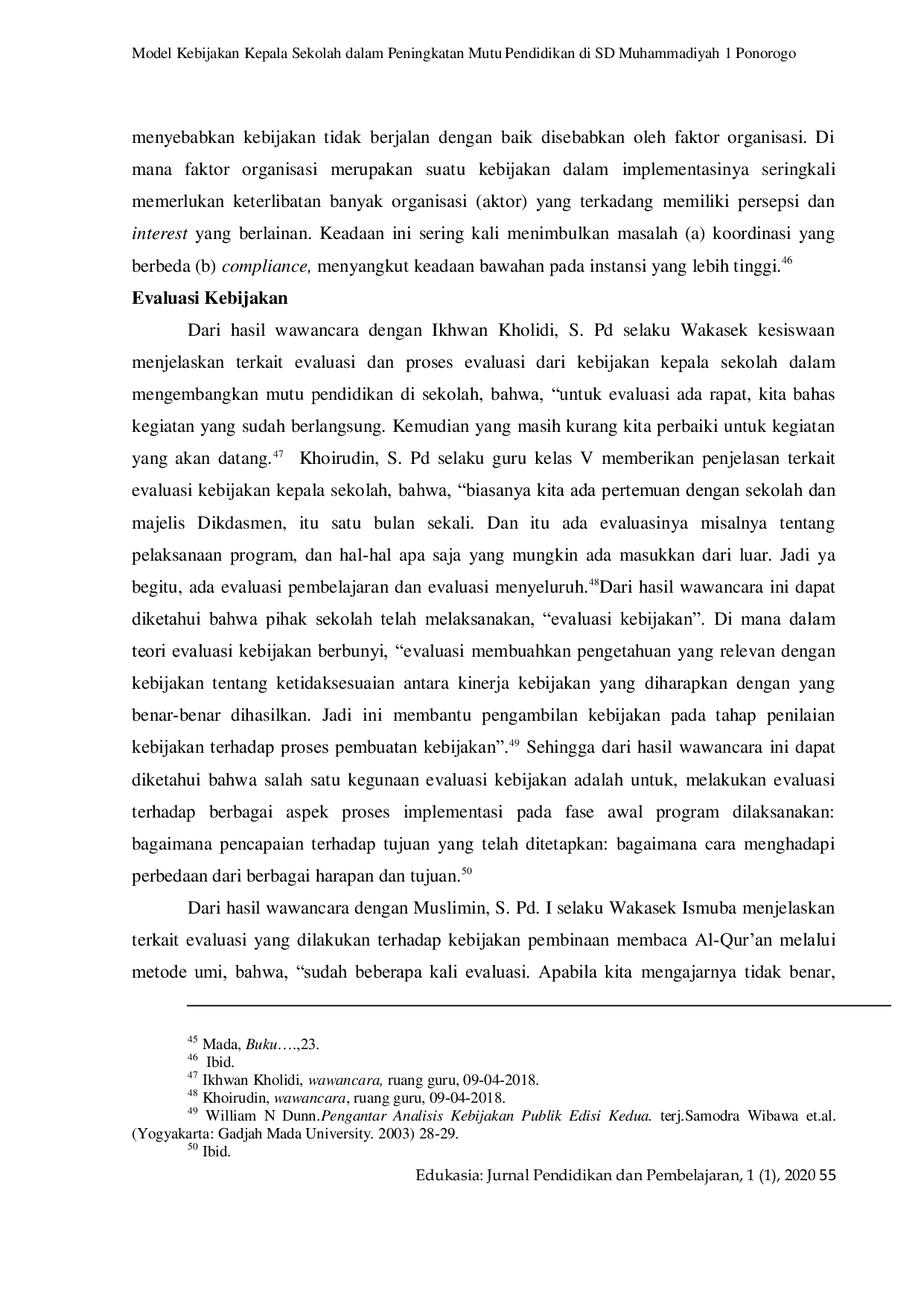 JURIS Model Kebijakan Kepala Sekolah Dalam Peningkatan Mutu Pendidikan Di SD Muhammadiyah 1 Ponorogo