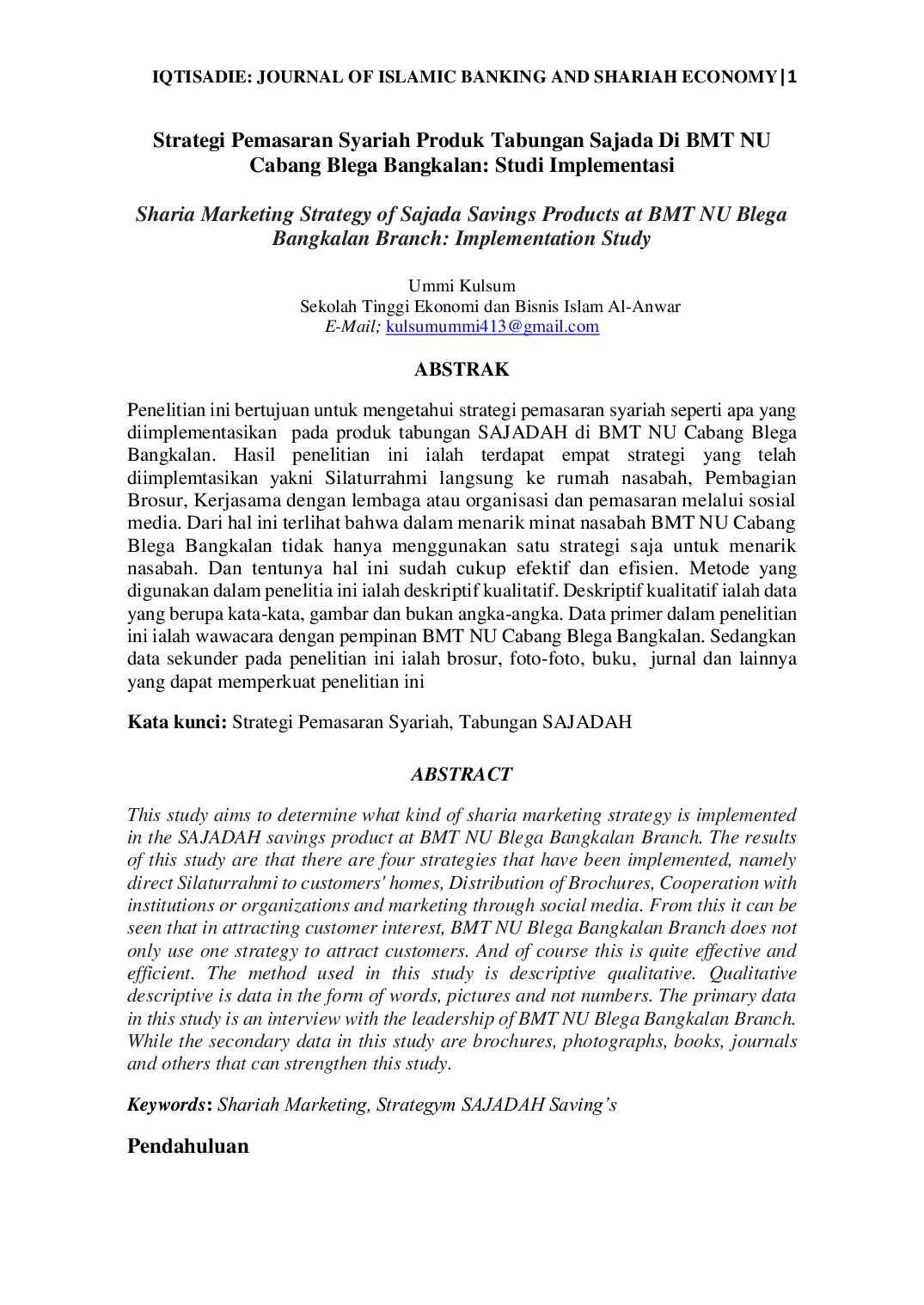 JURIS Strategi Pemasaran Syariah Produk Tabungan Sajada Di BMT NU Cabang Blega Bangkalan Studi Implementasi