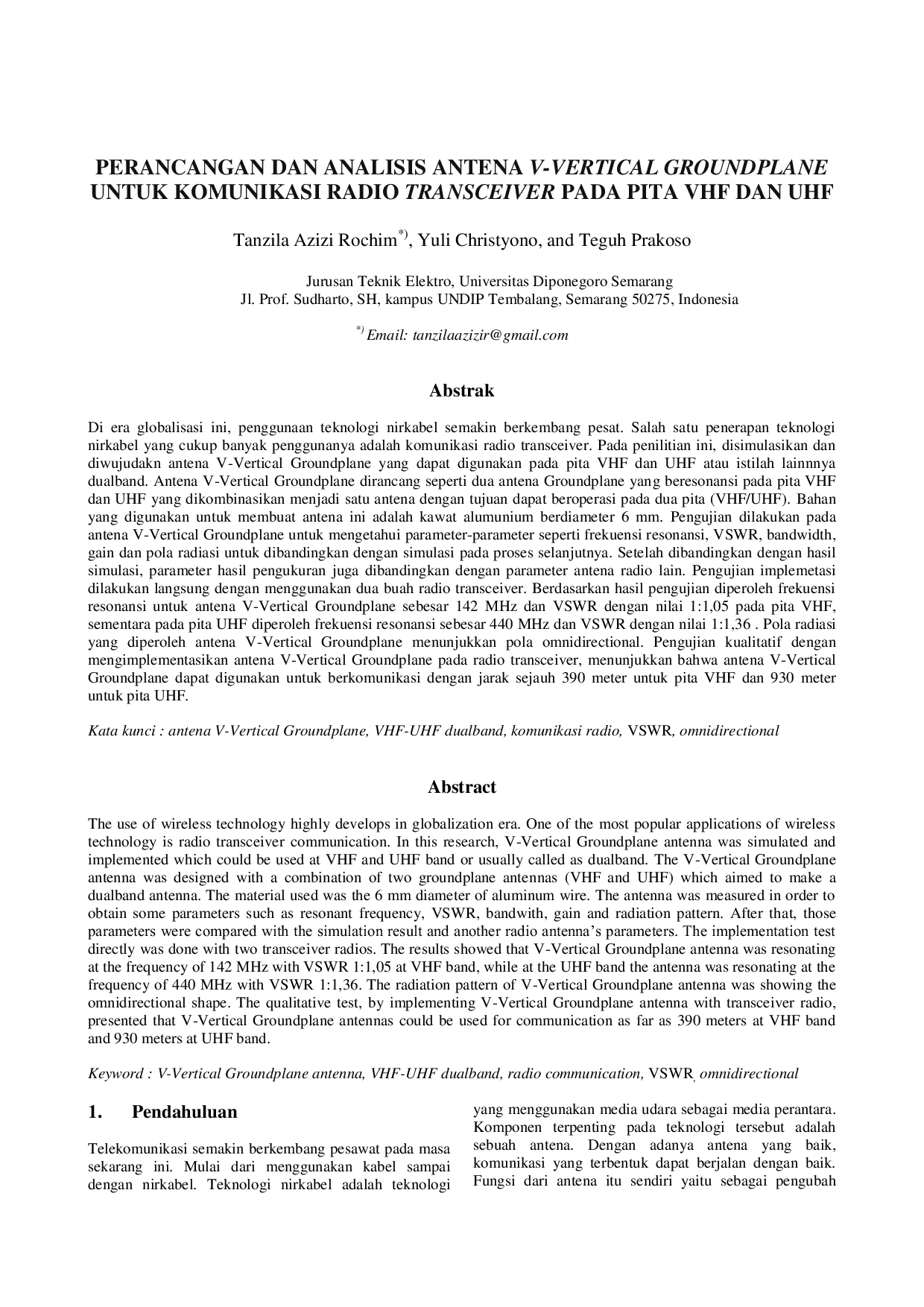 JURIS Perancangan Dan Analisis Antena V Vertical Groundplane Untuk Komunikasi Radio Transceiver Pada Pita Vhf Dan Uhf
