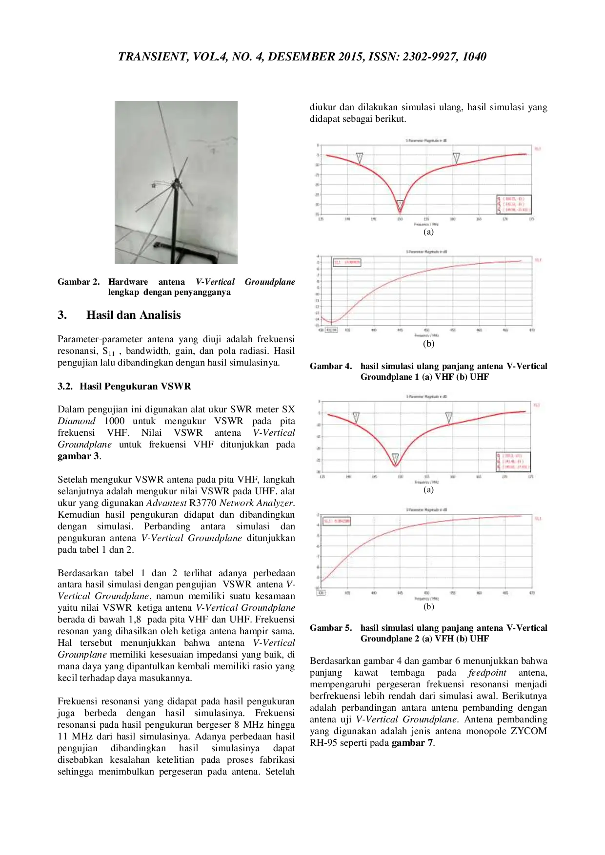 JURIS Perancangan Dan Analisis Antena V Vertical Groundplane Untuk Komunikasi Radio Transceiver Pada Pita Vhf Dan Uhf