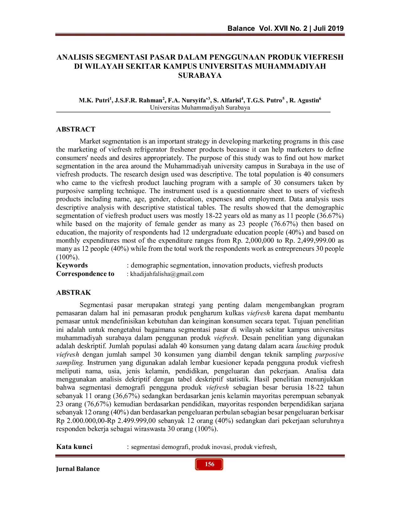 JURIS Analisis Segmentasi Pasar Dalam Penggunaan Produk Viefresh Di Wilayah Sekitar Kampus Universitas Muhammadiyah Surabaya