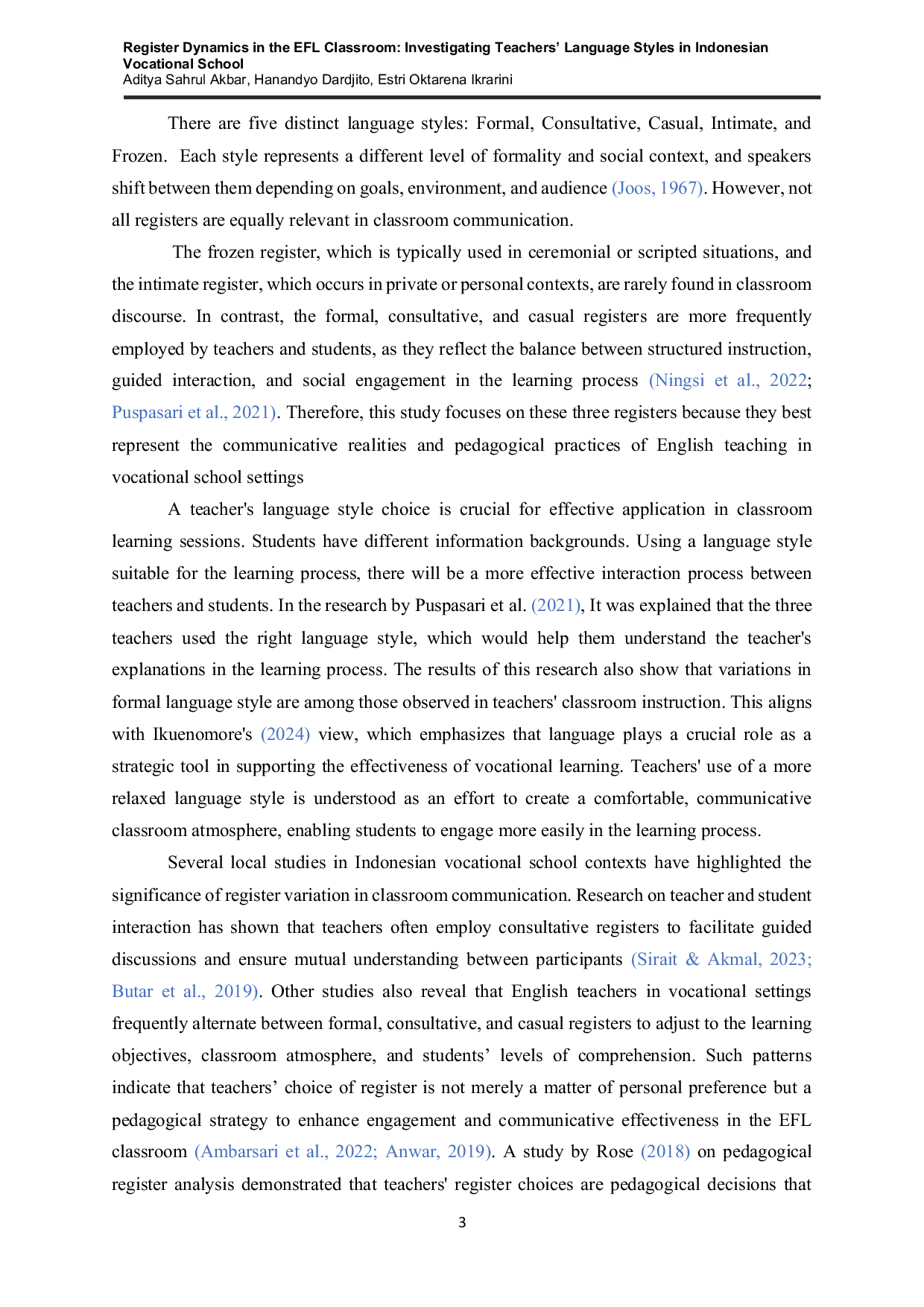 JURIS Register Dynamics in the EFL Classroom Investigating Teachers Language Styles in Indonesian Vocational School