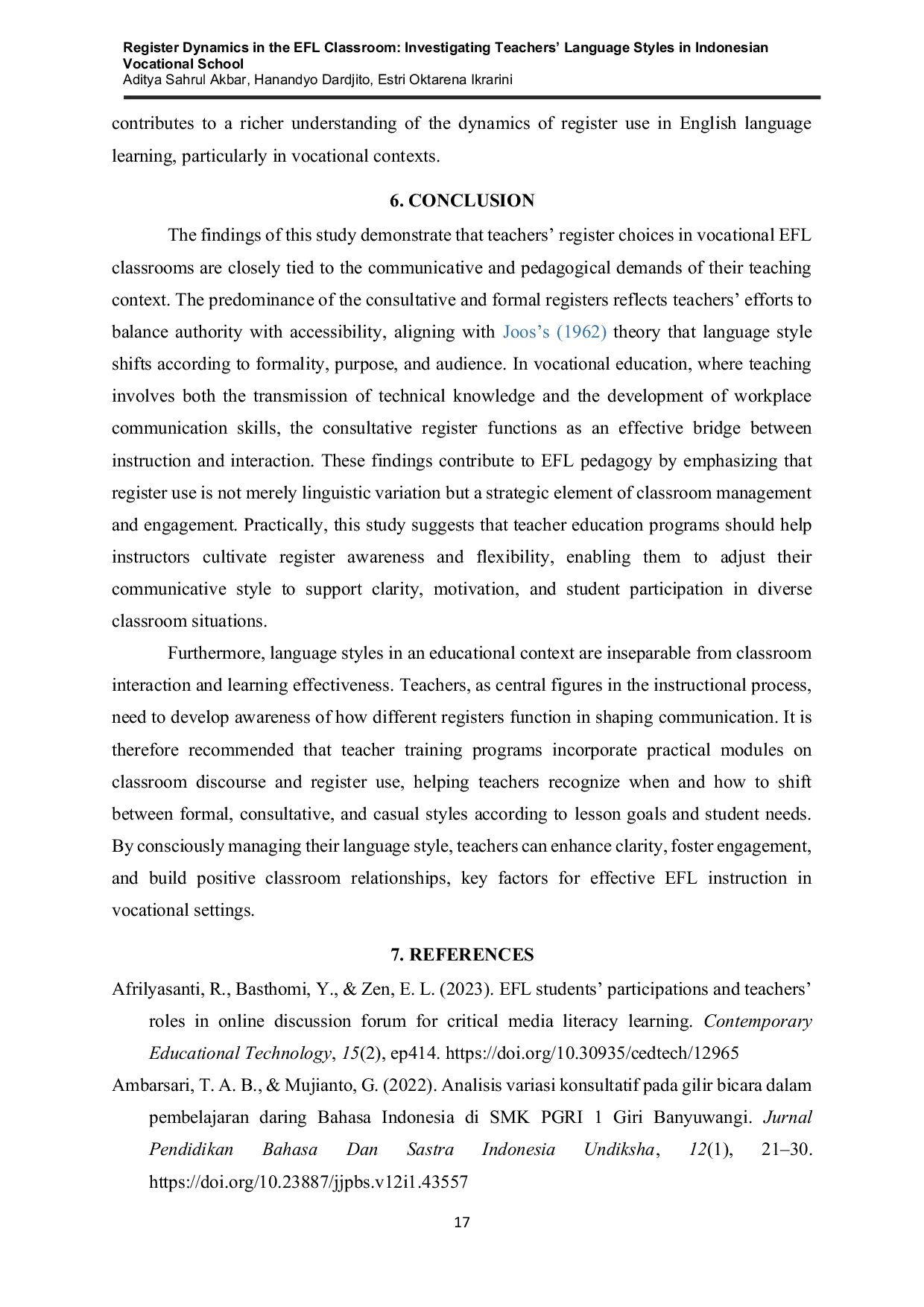 JURIS Register Dynamics in the EFL Classroom Investigating Teachers Language Styles in Indonesian Vocational School