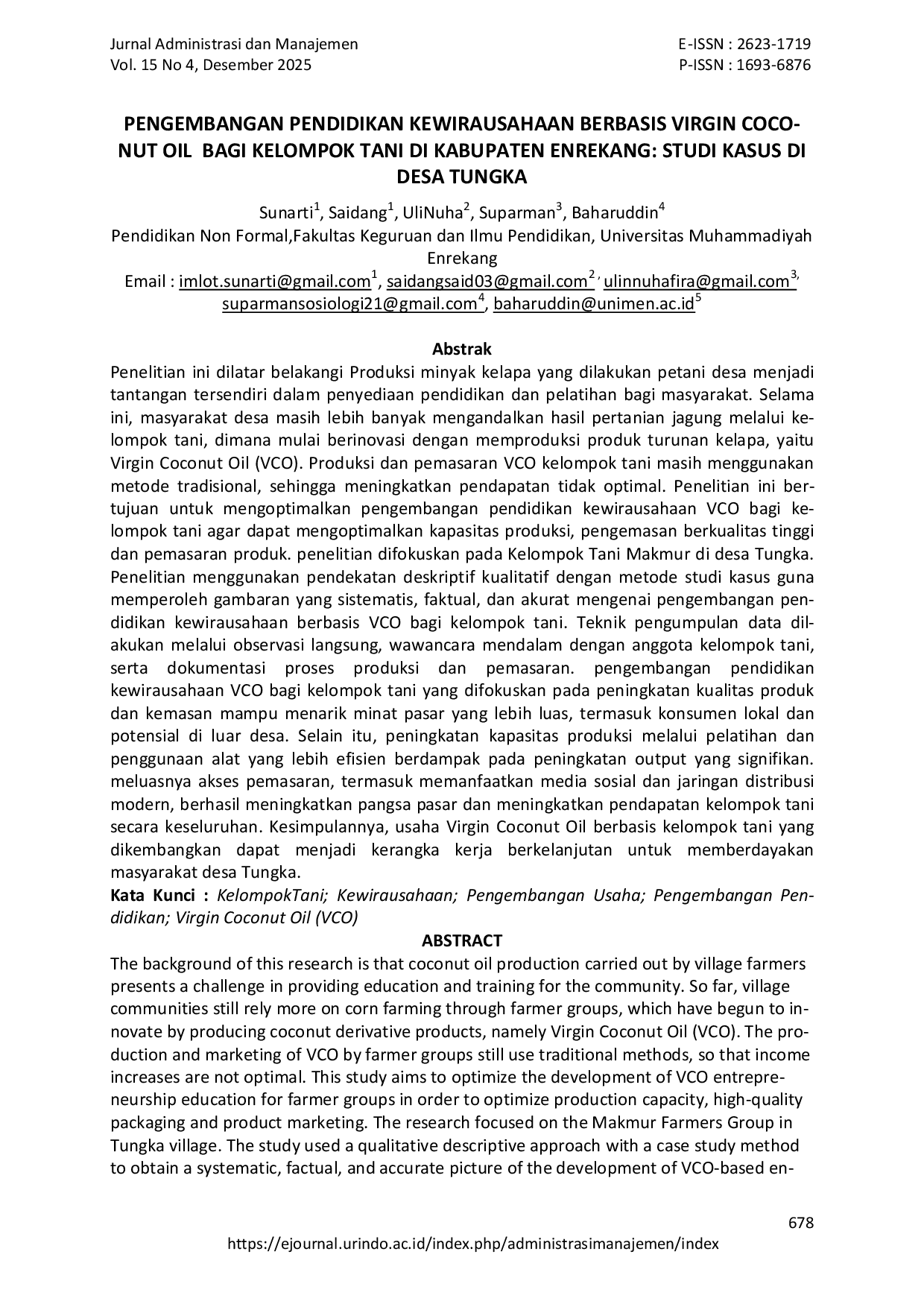 JURIS Pengembangan Pendidikan Kewirausahaan Berbasis Virgin Coconut Oil Bagi Kelompok Tani Di Kabupaten Enrekang Studi Kasus Di Desa Tungka