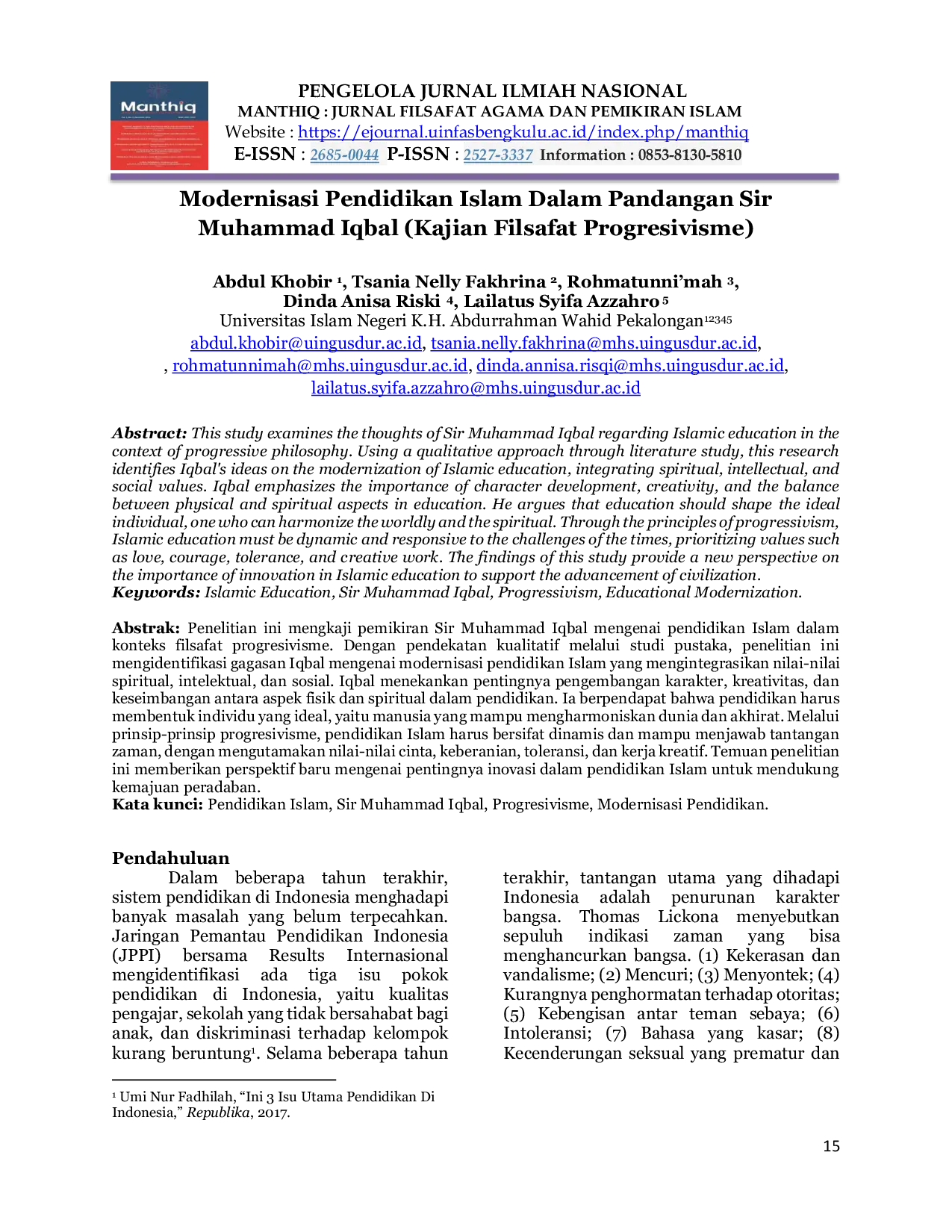 JURIS Modernisasi Pendidikan Islam Dalam Pandangan Sir Muhammad Iqbal Kajian Filsafat Progresivisme