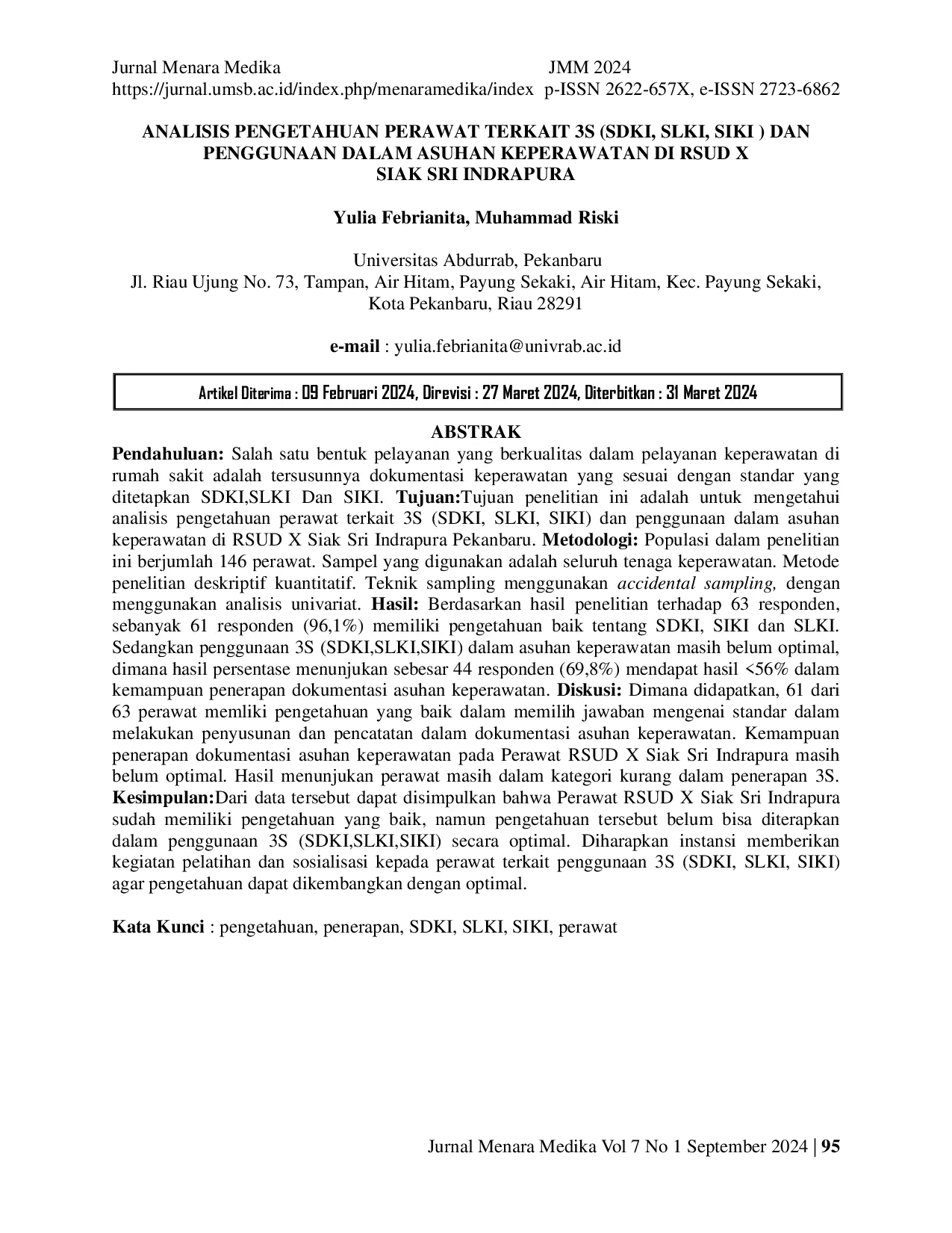 JURIS Analisis Pengetahuan Perawat Terkait 3S SDKI SLKI SIKI Dan Penggunaan Dalam Asuhan Keperawatan Di RSUD X Siak Sri Indrapura