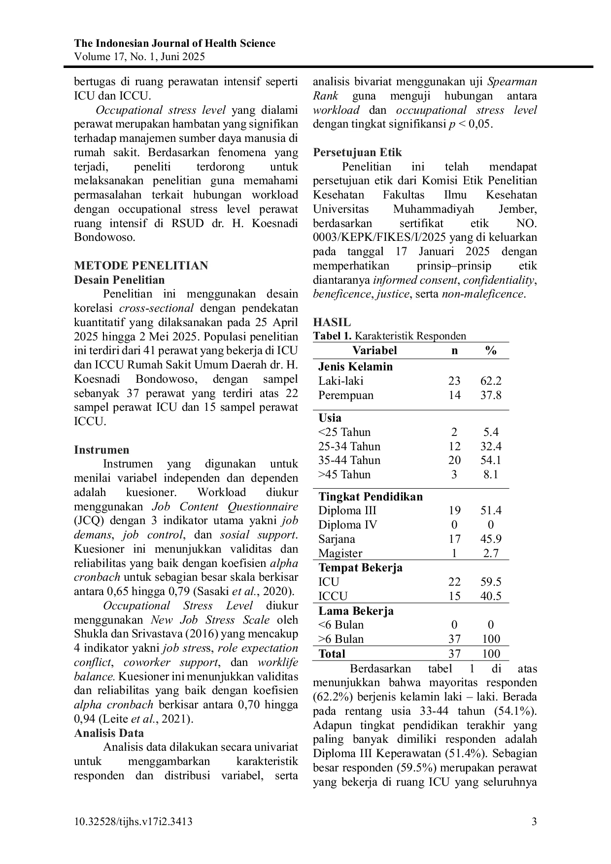 JURIS Hubungan Workload dengan Occupational Stress Level Perawat ICU dan ICCI di RSUD dr H Koesnadi Bondowoso
