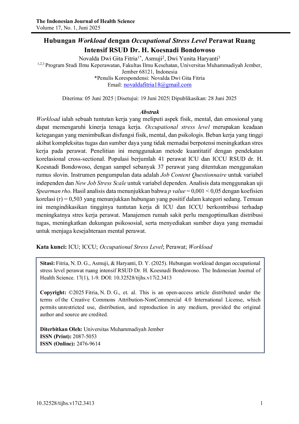 JURIS Hubungan Workload dengan Occupational Stress Level Perawat ICU dan ICCI di RSUD dr H Koesnadi Bondowoso