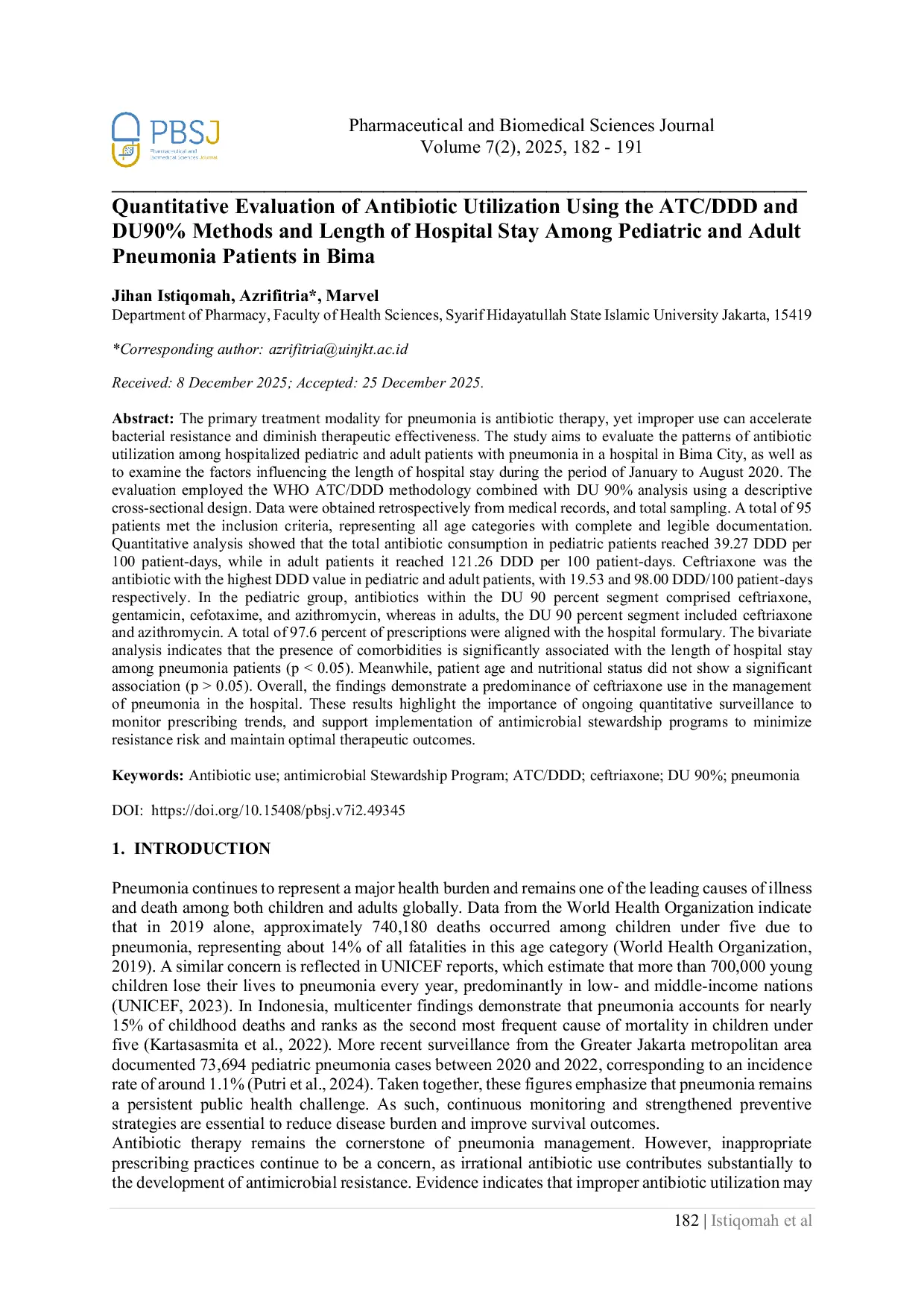 JURIS Quantitative Evaluation of Antibiotic Utilization Using the ATC DDD and DU90 Methods and Length of Hospital Stay Among Pediatric and Adult Pneumonia Patients in Bima
